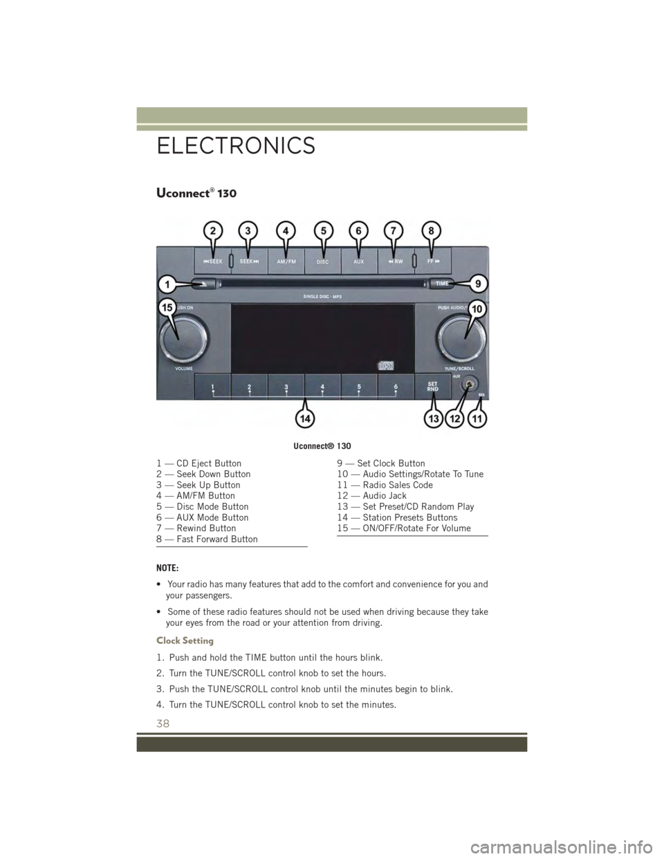 JEEP PATRIOT 2015 1.G Owners Guide Uconnect® 130
NOTE:
• Your radio has many features that add to the comfort and convenience for you and
your passengers.
• Some of these radio features should not be used when driving because they JEEP PATRIOT 2015 1.G Owners Guide Uconnect® 130
NOTE:
• Your radio has many features that add to the comfort and convenience for you and
your passengers.
• Some of these radio features should not be used when driving because they