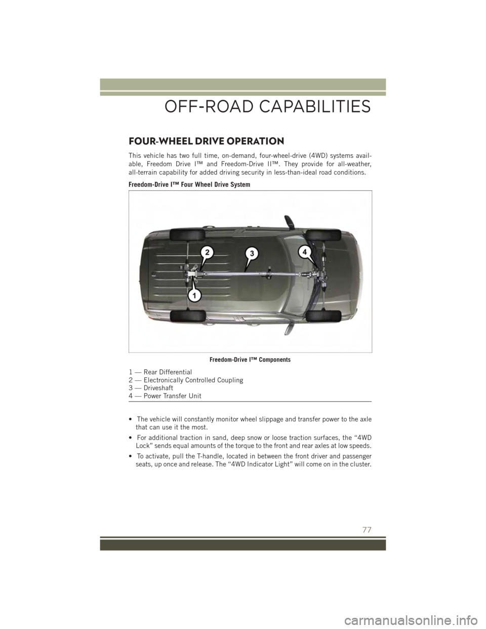 JEEP PATRIOT 2015 1.G Manual PDF FOUR-WHEEL DRIVE OPERATION
This vehicle has two full time, on-demand, four-wheel-drive (4WD) systems avail-
able, Freedom Drive I™ and Freedom-Drive II™. They provide for all-weather,
all-terrain JEEP PATRIOT 2015 1.G Manual PDF FOUR-WHEEL DRIVE OPERATION
This vehicle has two full time, on-demand, four-wheel-drive (4WD) systems avail-
able, Freedom Drive I™ and Freedom-Drive II™. They provide for all-weather,
all-terrain
