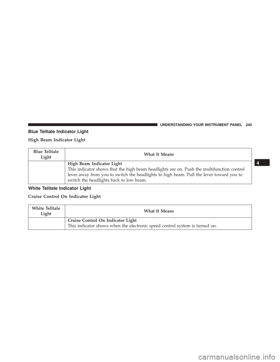 JEEP PATRIOT 2016 1.G Owners Manual Blue Telltale Indicator Light
High Beam Indicator Light
Blue TelltaleLight What It Means
High Beam Indicator Light
This indicator shows that the high beam headlights are on. Push the multifunction con