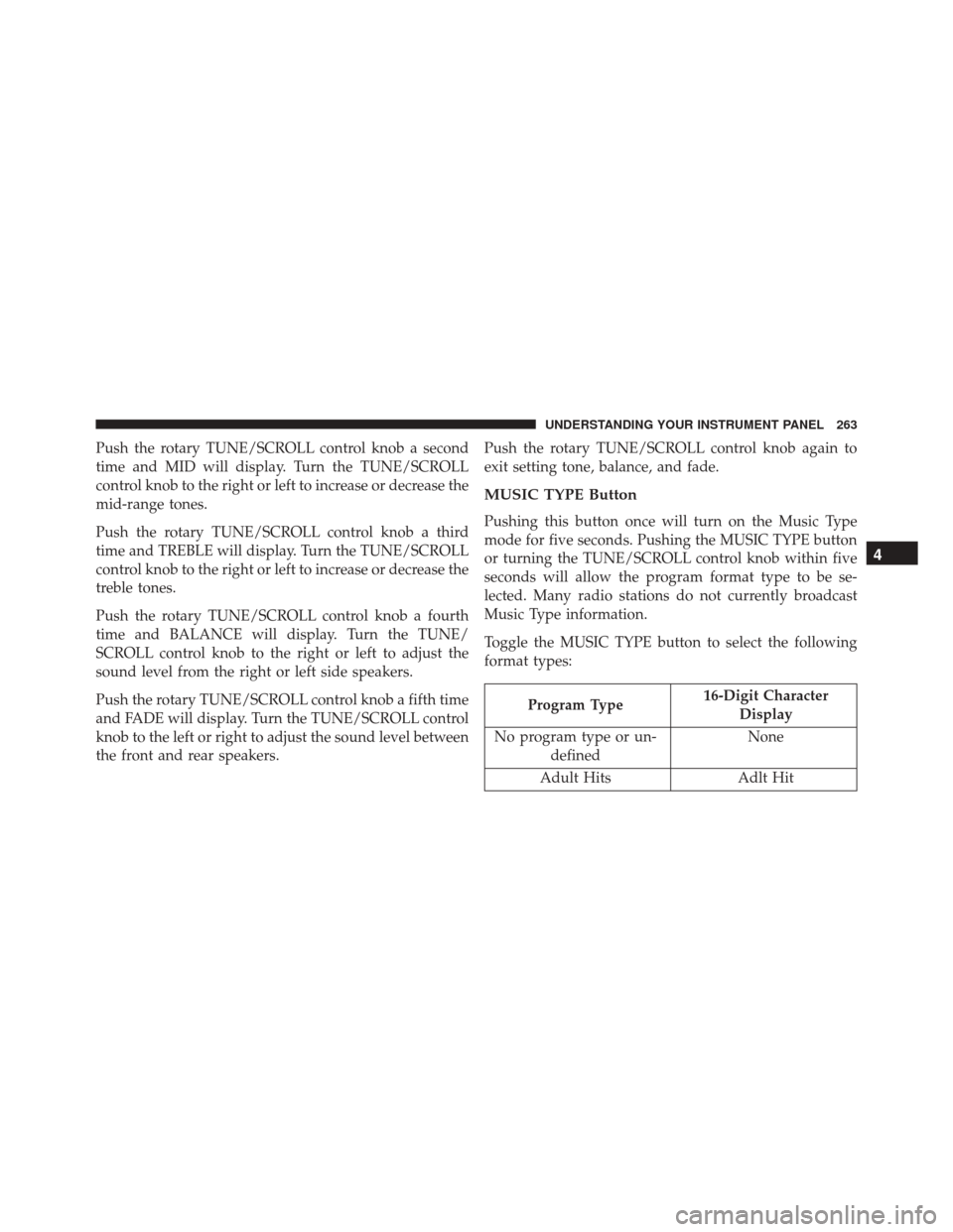 JEEP PATRIOT 2016 1.G Owners Manual Push the rotary TUNE/SCROLL control knob a second
time and MID will display. Turn the TUNE/SCROLL
control knob to the right or left to increase or decrease the
mid-range tones.
Push the rotary TUNE/SC JEEP PATRIOT 2016 1.G Owners Manual Push the rotary TUNE/SCROLL control knob a second
time and MID will display. Turn the TUNE/SCROLL
control knob to the right or left to increase or decrease the
mid-range tones.
Push the rotary TUNE/SC