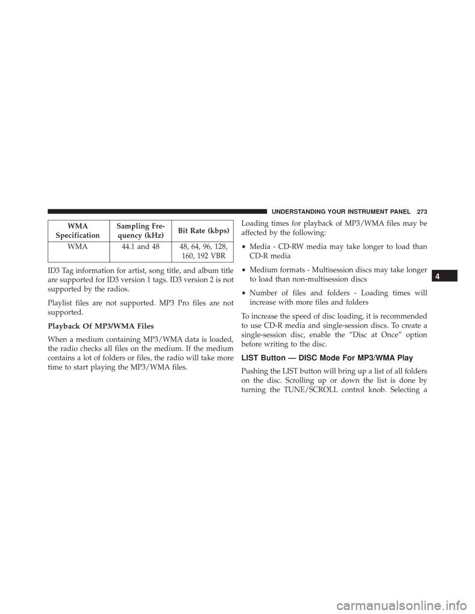 JEEP PATRIOT 2016 1.G Owners Manual WMA
Specification Sampling Fre-
quency (kHz) Bit Rate (kbps)
WMA 44.1 and 48 48, 64, 96, 128, 160, 192 VBR
ID3 Tag information for artist, song title, and album title
are supported for ID3 version 1 t JEEP PATRIOT 2016 1.G Owners Manual WMA
Specification Sampling Fre-
quency (kHz) Bit Rate (kbps)
WMA 44.1 and 48 48, 64, 96, 128, 160, 192 VBR
ID3 Tag information for artist, song title, and album title
are supported for ID3 version 1 t