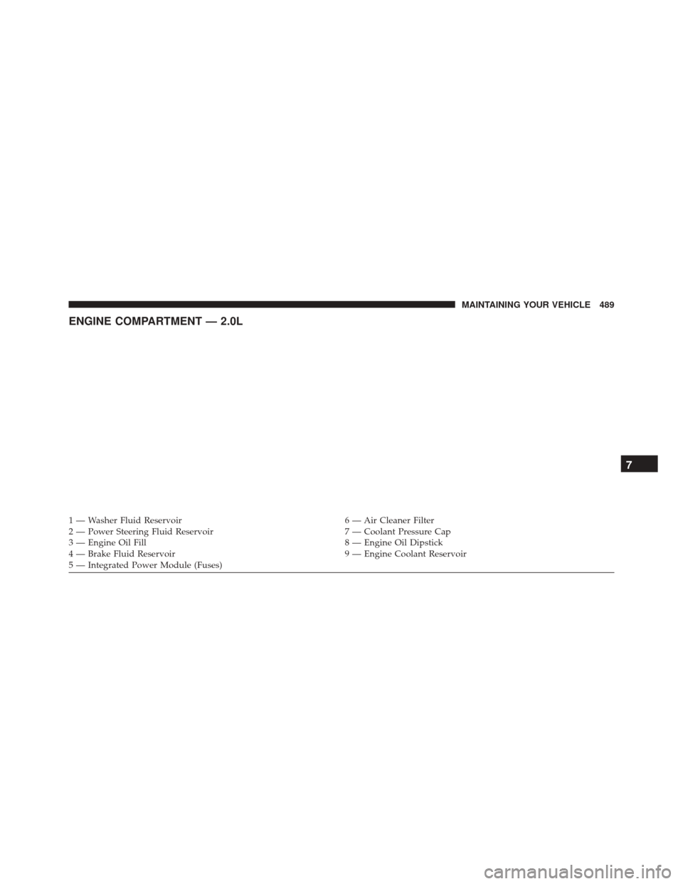JEEP PATRIOT 2016 1.G Owners Manual ENGINE COMPARTMENT — 2.0L
1 — Washer Fluid Reservoir6 — Air Cleaner Filter
2 — Power Steering Fluid Reservoir 7 — Coolant Pressure Cap
3 — Engine Oil Fill 8 — Engine Oil Dipstick
4 — B JEEP PATRIOT 2016 1.G Owners Manual ENGINE COMPARTMENT — 2.0L
1 — Washer Fluid Reservoir6 — Air Cleaner Filter
2 — Power Steering Fluid Reservoir 7 — Coolant Pressure Cap
3 — Engine Oil Fill 8 — Engine Oil Dipstick
4 — B