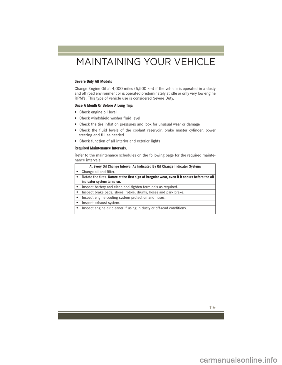 JEEP PATRIOT 2016 1.G User Guide Severe Duty All Models
Change Engine Oil at 4,000 miles (6,500 km) if the vehicle is operated in a dusty
and off road environment or is operated predominately at idle or only very low engine
RPM’s. JEEP PATRIOT 2016 1.G User Guide Severe Duty All Models
Change Engine Oil at 4,000 miles (6,500 km) if the vehicle is operated in a dusty
and off road environment or is operated predominately at idle or only very low engine
RPM’s.