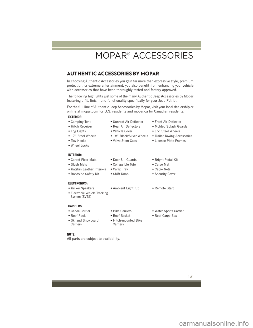 JEEP PATRIOT 2016 1.G User Guide AUTHENTIC ACCESSORIES BY MOPAR
In choosing Authentic Accessories you gain far more than expressive style, premium
protection, or extreme entertainment, you also benefit from enhancing your vehicle
wit JEEP PATRIOT 2016 1.G User Guide AUTHENTIC ACCESSORIES BY MOPAR
In choosing Authentic Accessories you gain far more than expressive style, premium
protection, or extreme entertainment, you also benefit from enhancing your vehicle
wit