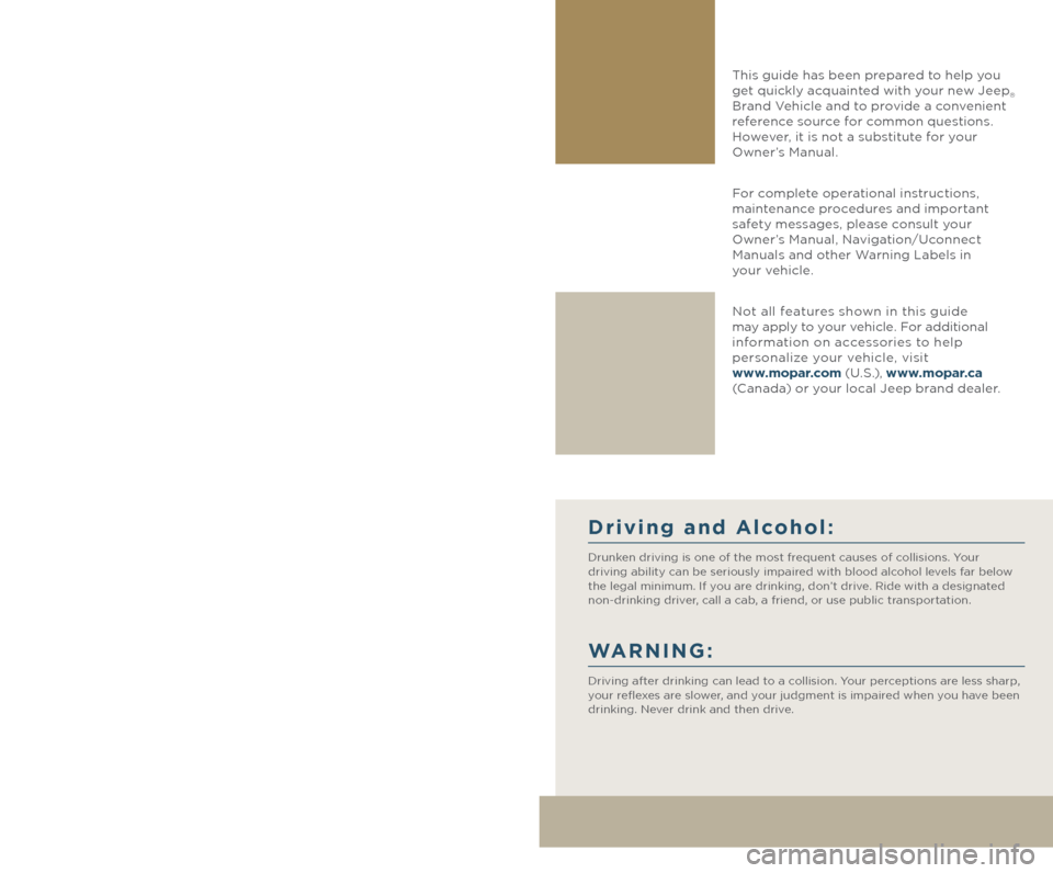 JEEP PATRIOT 2016 1.G Owners Manual The driver’s primary
responsibility is the
safe operation of the
vehicle. Driving while
distracted can result in
loss of vehicle control,
resulting in a collision
and personal injury.
FCA JEEP PATRIOT 2016 1.G Owners Manual The driver’s primary
responsibility is the
safe operation of the
vehicle. Driving while
distracted can result in
loss of vehicle control,
resulting in a collision
and personal injury.
FCA