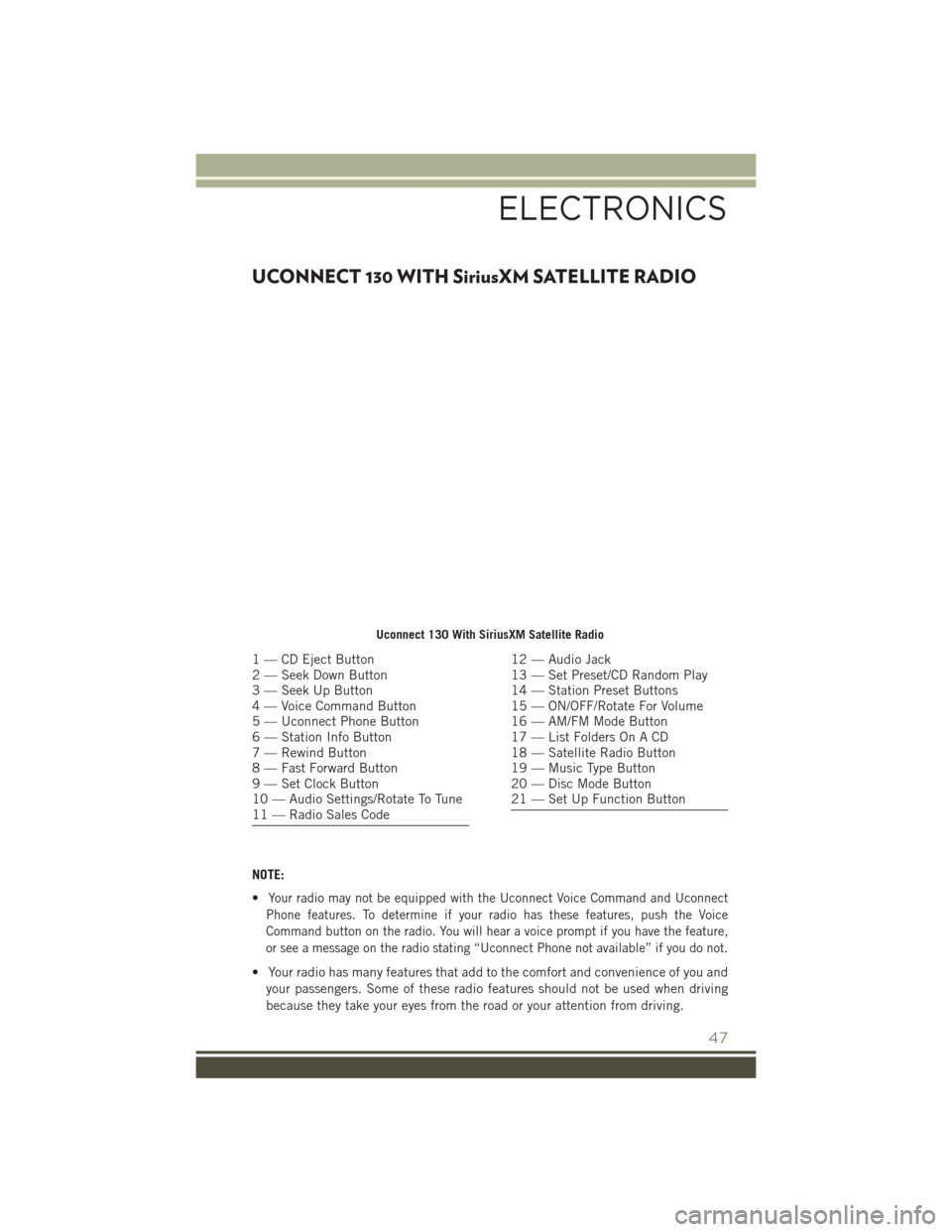 JEEP PATRIOT 2016 1.G User Guide UCONNECT 130 WITH SiriusXM SATELLITE RADIO
NOTE:
•
Your radio may not be equipped with the Uconnect Voice Command and Uconnect
Phone features. To determine if your radio has these features, push the JEEP PATRIOT 2016 1.G User Guide UCONNECT 130 WITH SiriusXM SATELLITE RADIO
NOTE:
•
Your radio may not be equipped with the Uconnect Voice Command and Uconnect
Phone features. To determine if your radio has these features, push the