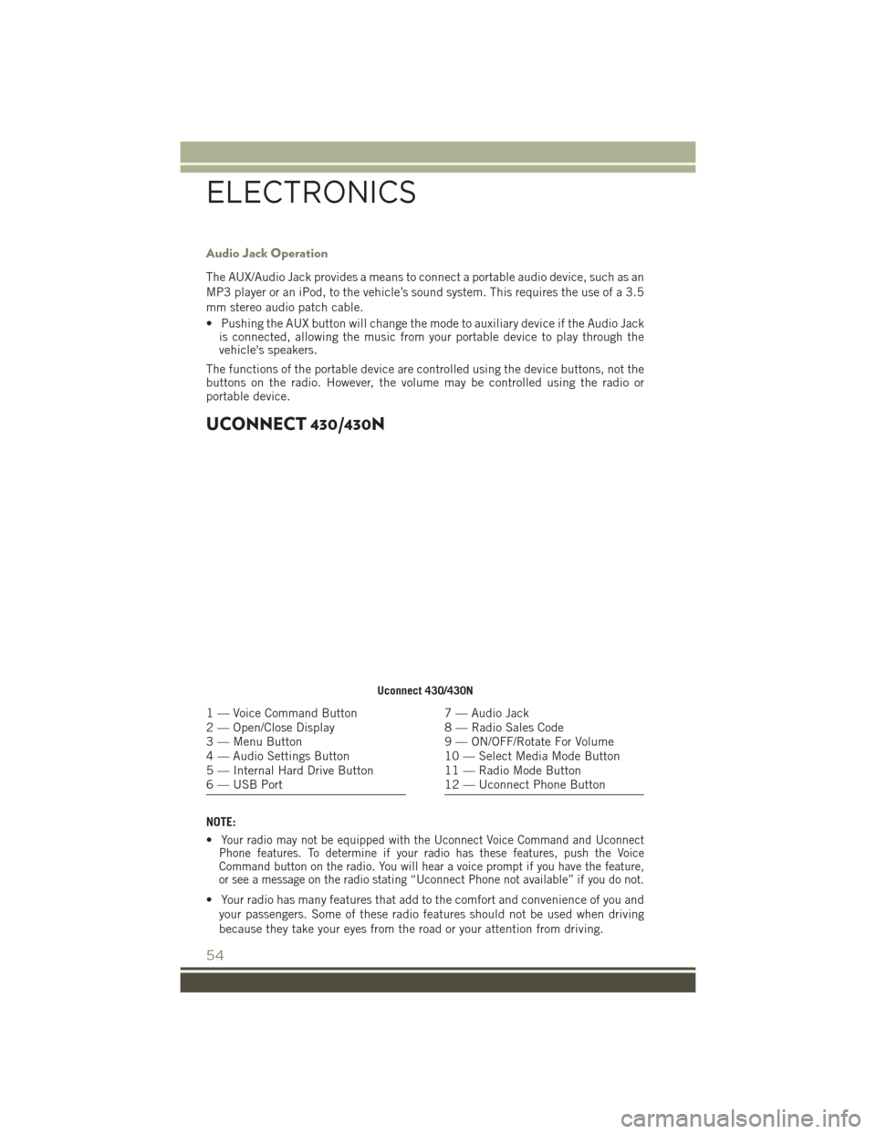 JEEP PATRIOT 2016 1.G User Guide Audio Jack Operation
The AUX/Audio Jack provides a means to connect a portable audio device, such as an
MP3 player or an iPod, to the vehicle’s sound system. This requires the use of a 3.5
mm stereo JEEP PATRIOT 2016 1.G User Guide Audio Jack Operation
The AUX/Audio Jack provides a means to connect a portable audio device, such as an
MP3 player or an iPod, to the vehicle’s sound system. This requires the use of a 3.5
mm stereo