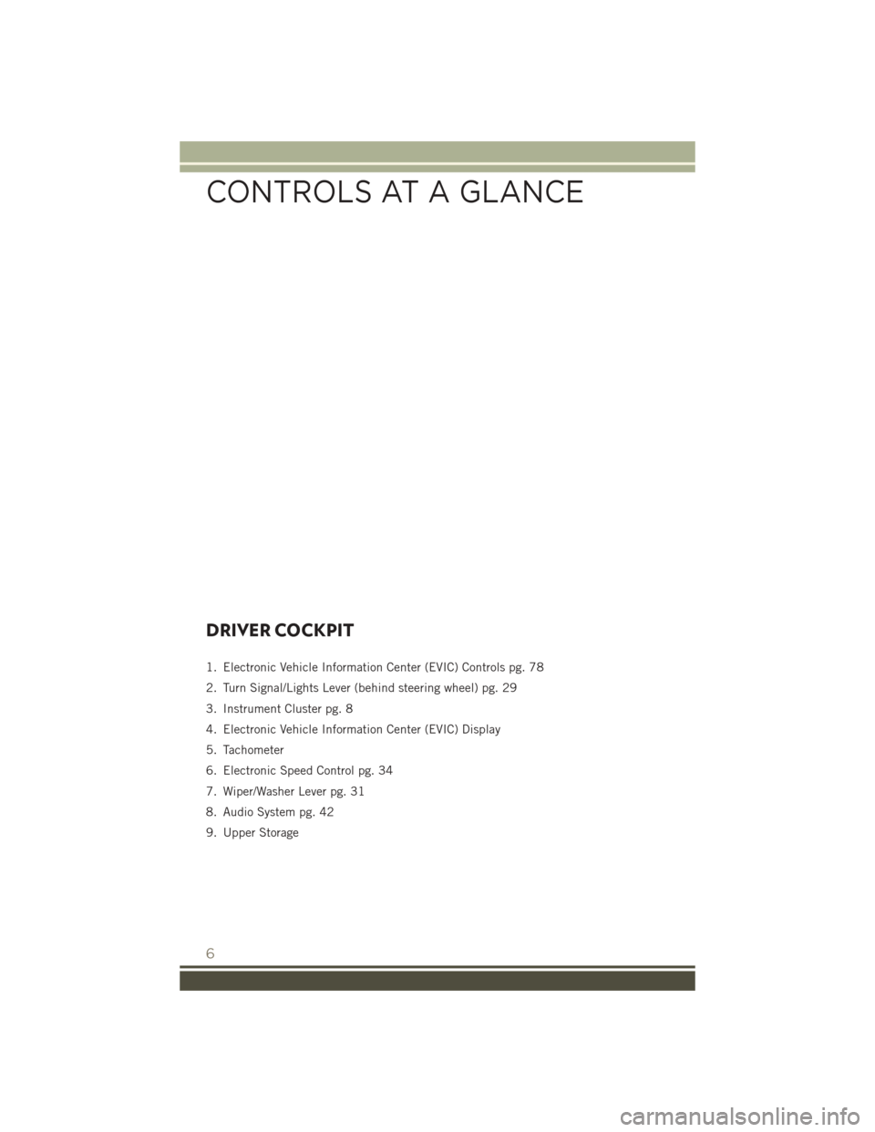 JEEP PATRIOT 2016 1.G User Guide DRIVER COCKPIT
1. Electronic Vehicle Information Center (EVIC) Controls pg. 78
2. Turn Signal/Lights Lever (behind steering wheel) pg. 29
3. Instrument Cluster pg. 8
4. Electronic Vehicle Information JEEP PATRIOT 2016 1.G User Guide DRIVER COCKPIT
1. Electronic Vehicle Information Center (EVIC) Controls pg. 78
2. Turn Signal/Lights Lever (behind steering wheel) pg. 29
3. Instrument Cluster pg. 8
4. Electronic Vehicle Information