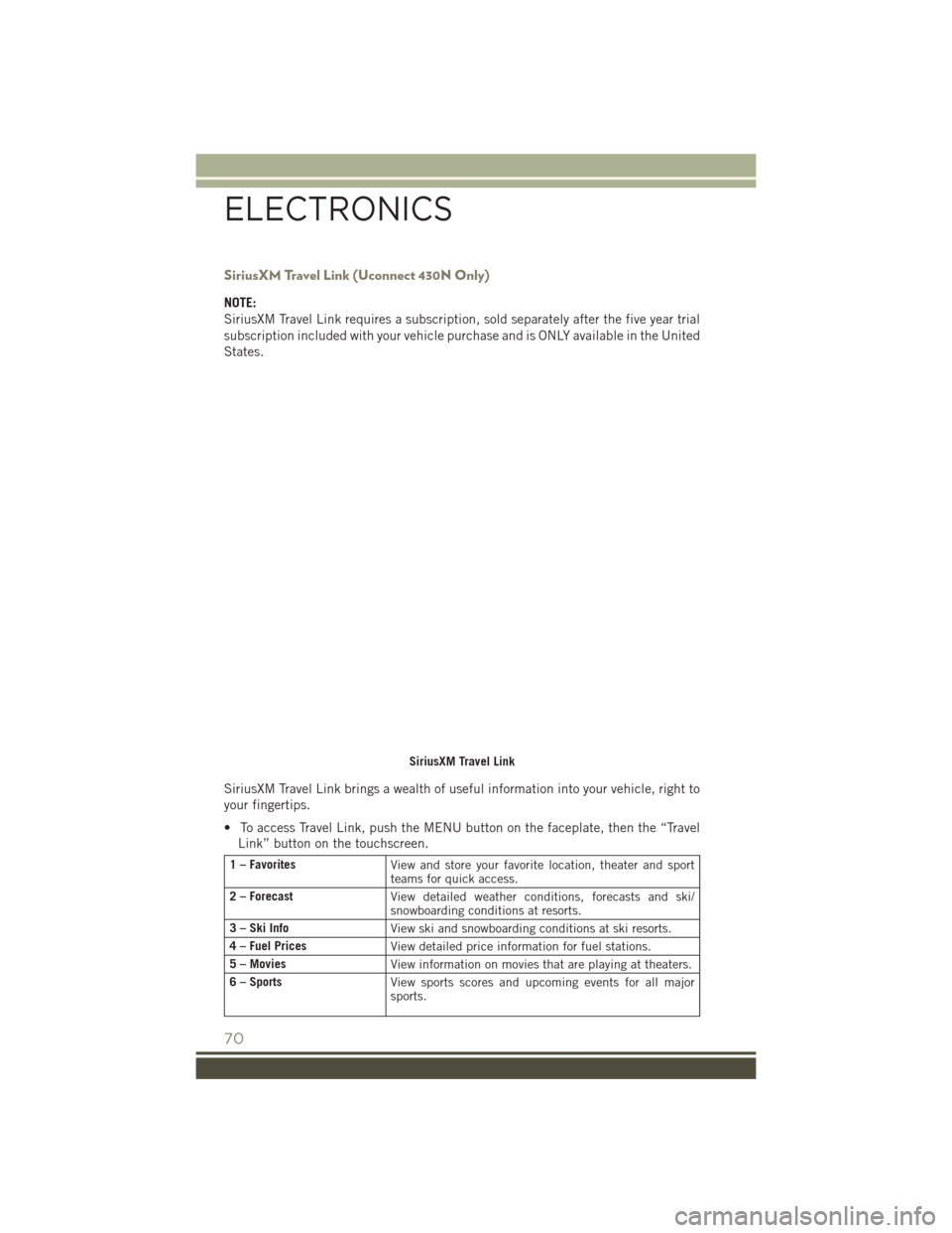 JEEP PATRIOT 2016 1.G Manual PDF SiriusXM Travel Link (Uconnect 430N Only)
NOTE:
SiriusXM Travel Link requires a subscription, sold separately after the five year trial
subscription included with your vehicle purchase and is ONLY ava