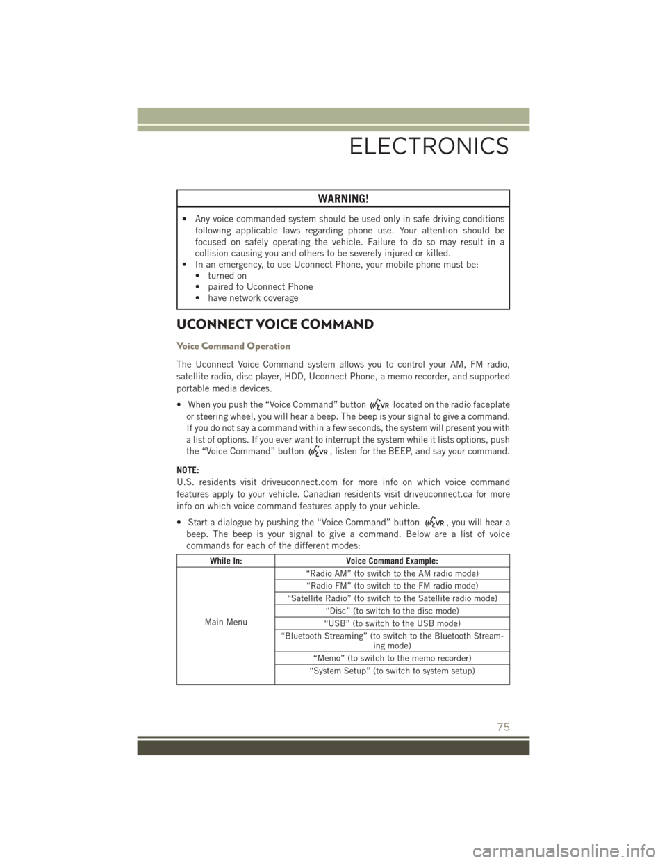 JEEP PATRIOT 2016 1.G Manual PDF WARNING!
• Any voice commanded system should be used only in safe driving conditionsfollowing applicable laws regarding phone use. Your attention should be
focused on safely operating the vehicle. F