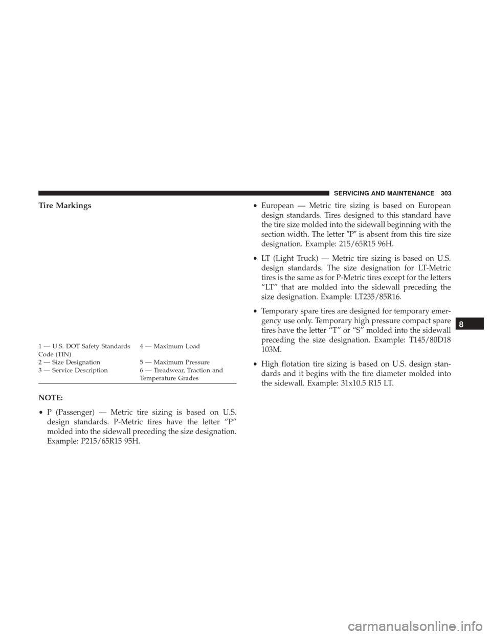 JEEP PATRIOT 2017 1.G Owners Manual Tire Markings
NOTE:
•P (Passenger) — Metric tire sizing is based on U.S.
design standards. P-Metric tires have the letter “P”
molded into the sidewall preceding the size designation.
Example: JEEP PATRIOT 2017 1.G Owners Manual Tire Markings
NOTE:
•P (Passenger) — Metric tire sizing is based on U.S.
design standards. P-Metric tires have the letter “P”
molded into the sidewall preceding the size designation.
Example: