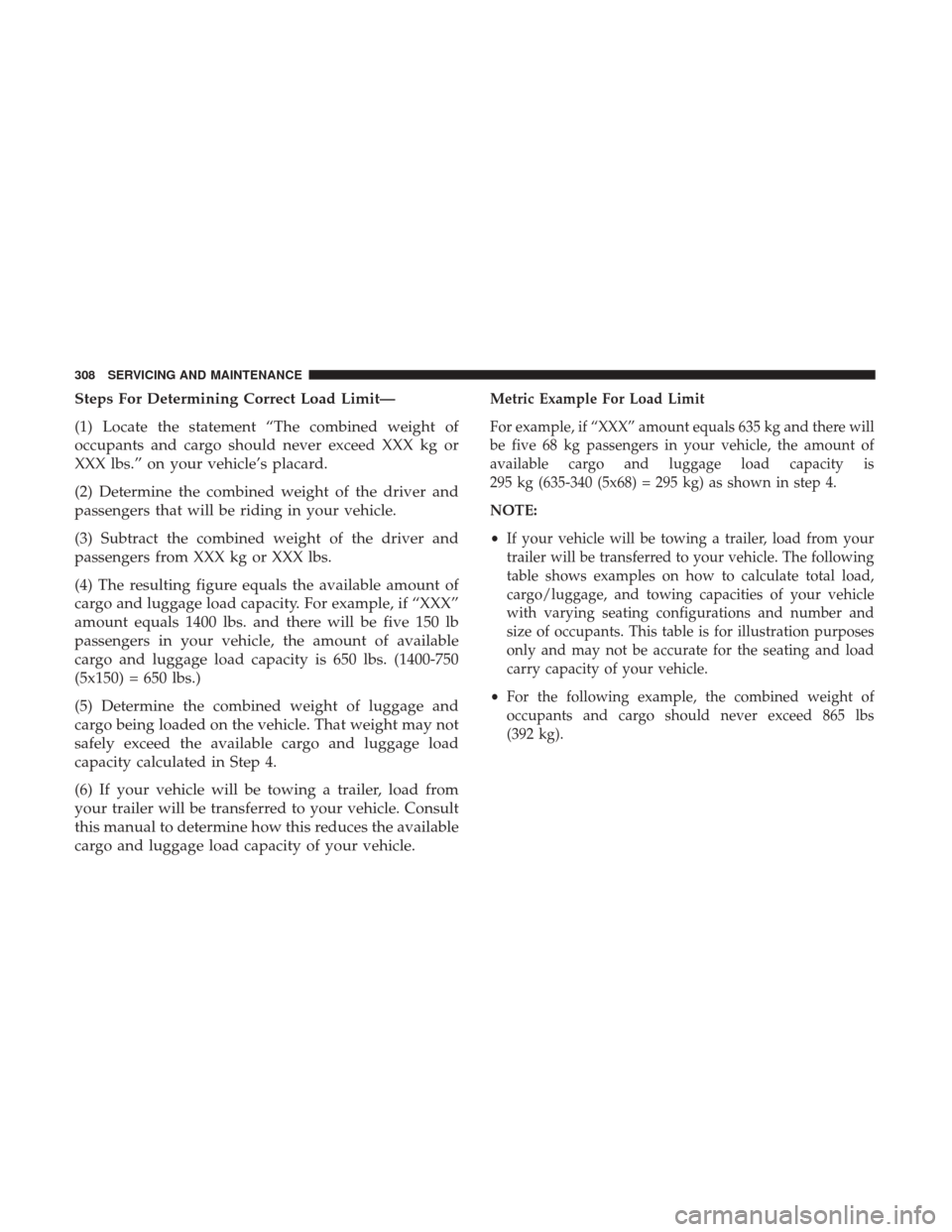 JEEP PATRIOT 2017 1.G Owners Manual Steps For Determining Correct Load Limit—
(1) Locate the statement “The combined weight of
occupants and cargo should never exceed XXX kg or
XXX lbs.” on your vehicle’s placard.
(2) Determine JEEP PATRIOT 2017 1.G Owners Manual Steps For Determining Correct Load Limit—
(1) Locate the statement “The combined weight of
occupants and cargo should never exceed XXX kg or
XXX lbs.” on your vehicle’s placard.
(2) Determine