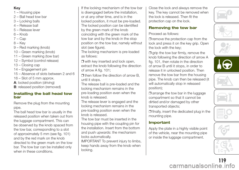 JEEP RENEGADE 2014 1.G Owners Manual Key
1 – Housing pipe
2 – Ball head tow bar
3 – Locking balls
4 – Release ball
5 – Release lever
6 – Knob
7 – Cap
8 – Key
9 – Red marking (knob)
10 – Green marking (knob)
11 – Gre JEEP RENEGADE 2014 1.G Owners Manual Key
1 – Housing pipe
2 – Ball head tow bar
3 – Locking balls
4 – Release ball
5 – Release lever
6 – Knob
7 – Cap
8 – Key
9 – Red marking (knob)
10 – Green marking (knob)
11 – Gre