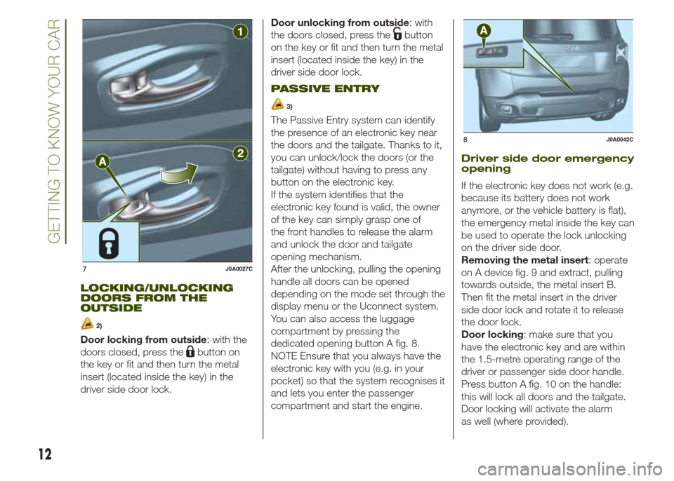 JEEP RENEGADE 2014 1.G Owners Manual LOCKING/UNLOCKING
DOORS FROM THE
OUTSIDE
2)
Door locking from outside: with the
doors closed, press the
button on
the key or fit and then turn the metal
insert (located inside the key) in the
driver s