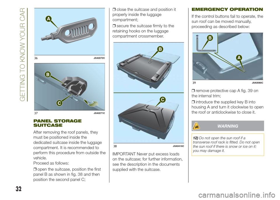 JEEP RENEGADE 2014 1.G Owners Manual PANEL STORAGE
SUITCASE
After removing the roof panels, they
must be positioned inside the
dedicated suitcase inside the luggage
compartment. It is recommended to
perform this procedure from outside th