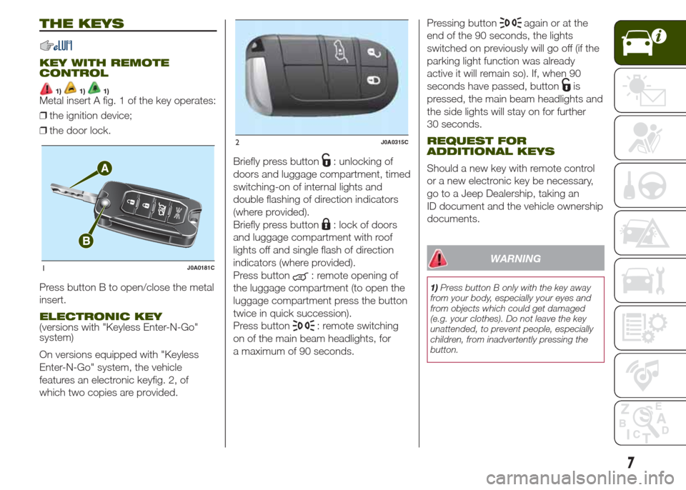 JEEP RENEGADE 2014 1.G Owners Manual THE KEYS
KEY WITH REMOTE
CONTROL
1)1)1)Metal insert A fig. 1 of the key operates:
❒the ignition device;
❒the door lock.
Press button B to open/close the metal
insert.
ELECTRONIC KEY(versions with JEEP RENEGADE 2014 1.G Owners Manual THE KEYS
KEY WITH REMOTE
CONTROL
1)1)1)Metal insert A fig. 1 of the key operates:
❒the ignition device;
❒the door lock.
Press button B to open/close the metal
insert.
ELECTRONIC KEY(versions with