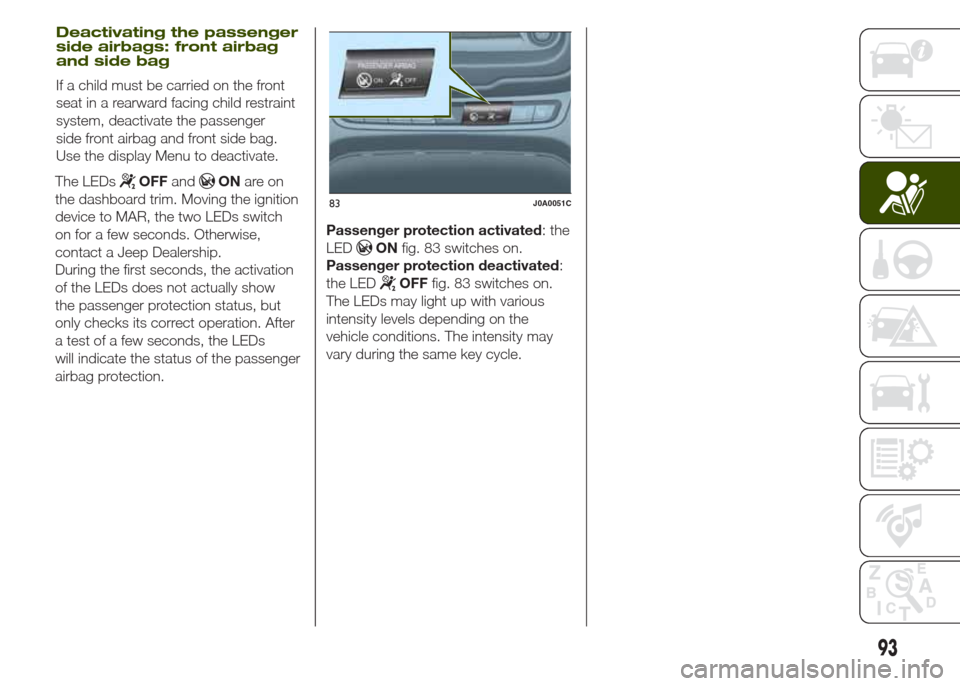 JEEP RENEGADE 2014 1.G User Guide The LEDsOFFandONare on
the dashboard trim. Moving the ignition
device to MAR, the two LEDs switch
on for a few seconds. Otherwise,
contact a Jeep Dealership.
During the first seconds, the activation
o JEEP RENEGADE 2014 1.G User Guide The LEDsOFFandONare on
the dashboard trim. Moving the ignition
device to MAR, the two LEDs switch
on for a few seconds. Otherwise,
contact a Jeep Dealership.
During the first seconds, the activation
o