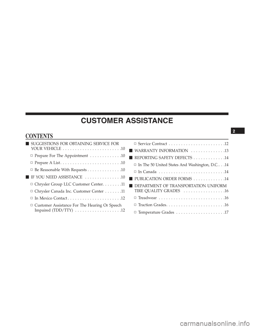 JEEP RENEGADE 2015 1.G User Guide CUSTOMER ASSISTANCE
CONTENTS
!SUGGESTIONS FOR OBTAINING SERVICE FOR
YOUR VEHICLE........................10
â–«Prepare For The Appointment.............10
â–«Prepare A List.........................10
â– JEEP RENEGADE 2015 1.G User Guide CUSTOMER ASSISTANCE
CONTENTS
!SUGGESTIONS FOR OBTAINING SERVICE FOR
YOUR VEHICLE........................10
â–«Prepare For The Appointment.............10
â–«Prepare A List.........................10
â–