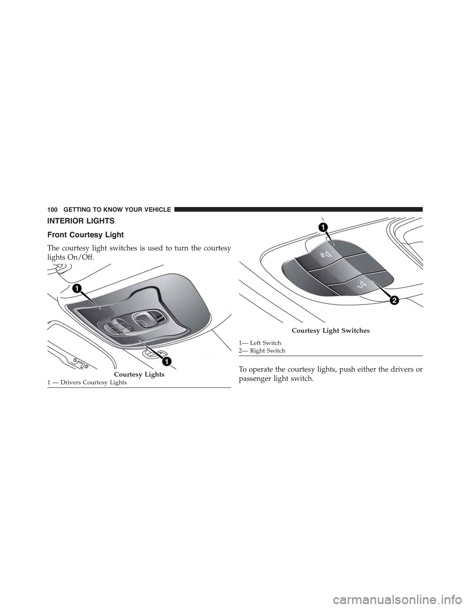 JEEP RENEGADE 2015 1.G Owners Manual INTERIOR LIGHTS
Front Courtesy Light
The courtesy light switches is used to turn the courtesy
lights On/Off.
To operate the courtesy lights, push either the drivers or
passenger light switch.Courtesy JEEP RENEGADE 2015 1.G Owners Manual INTERIOR LIGHTS
Front Courtesy Light
The courtesy light switches is used to turn the courtesy
lights On/Off.
To operate the courtesy lights, push either the drivers or
passenger light switch.Courtesy