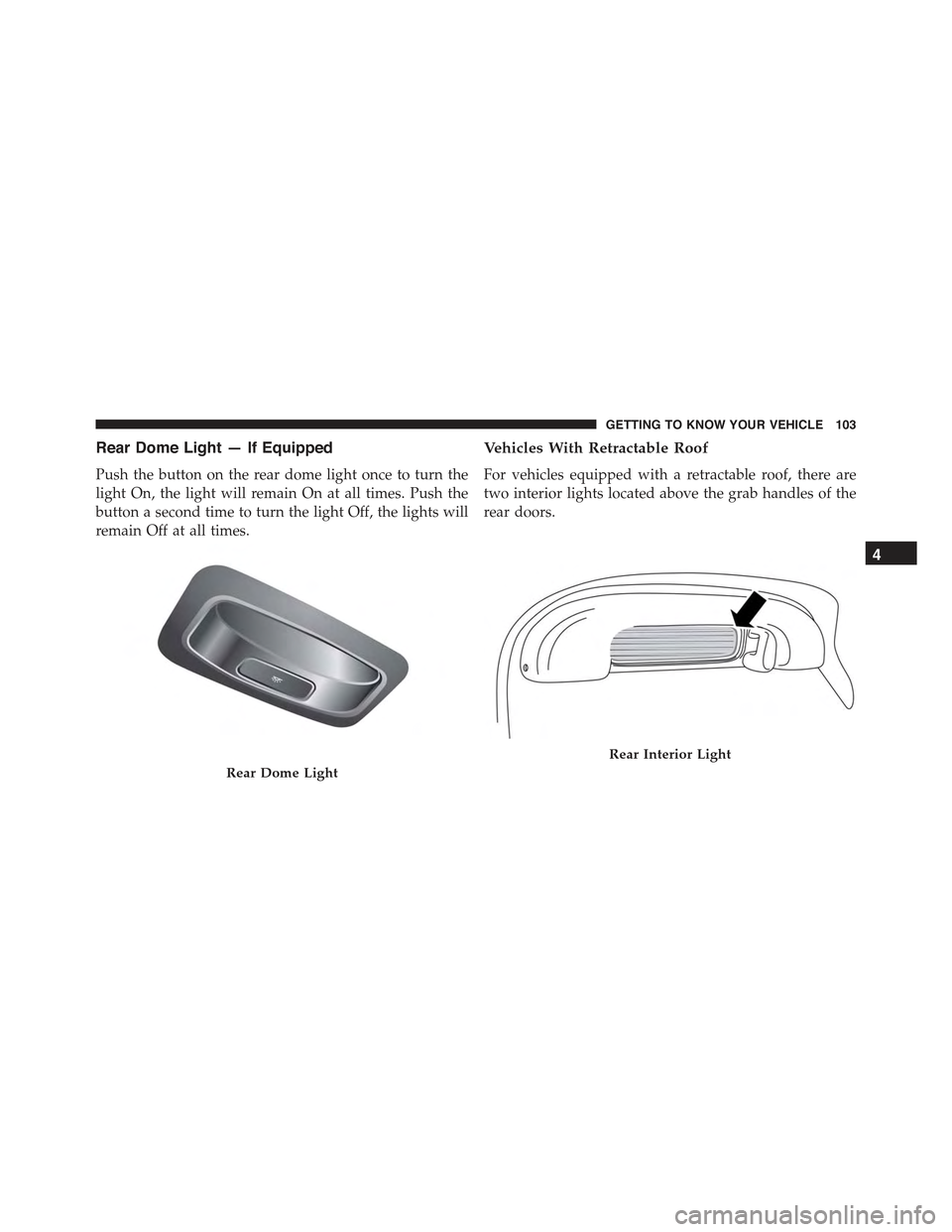 JEEP RENEGADE 2015 1.G Owners Manual Rear Dome Light — If Equipped
Push the button on the rear dome light once to turn the
light On, the light will remain On at all times. Push the
button a second time to turn the light Off, the lights JEEP RENEGADE 2015 1.G Owners Manual Rear Dome Light — If Equipped
Push the button on the rear dome light once to turn the
light On, the light will remain On at all times. Push the
button a second time to turn the light Off, the lights