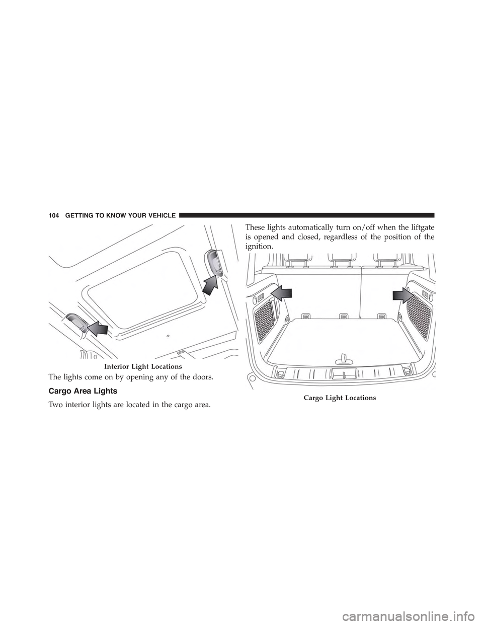JEEP RENEGADE 2015 1.G Owners Manual The lights come on by opening any of the doors.
Cargo Area Lights
Two interior lights are located in the cargo area.
These lights automatically turn on/off when the liftgate
is opened and closed, rega JEEP RENEGADE 2015 1.G Owners Manual The lights come on by opening any of the doors.
Cargo Area Lights
Two interior lights are located in the cargo area.
These lights automatically turn on/off when the liftgate
is opened and closed, rega