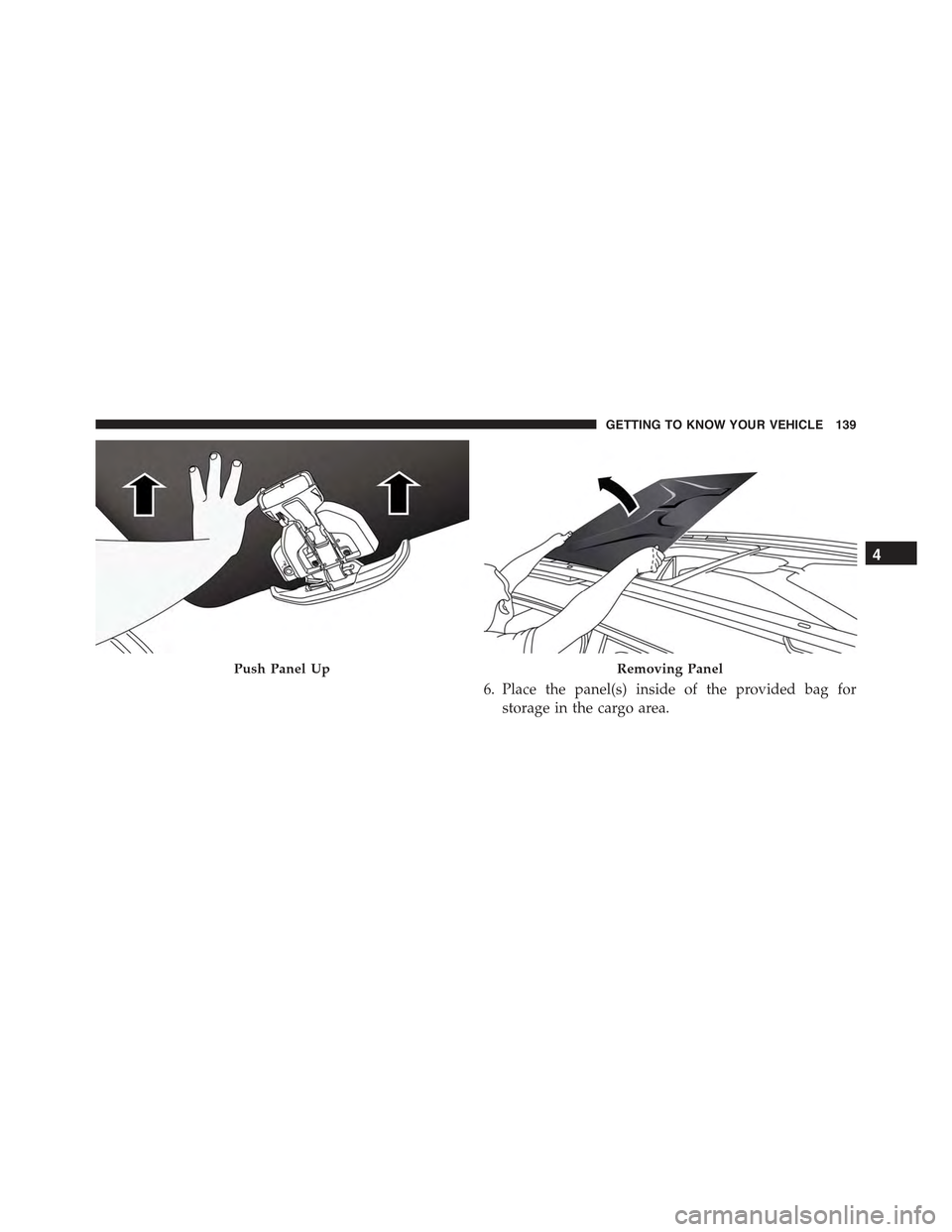 JEEP RENEGADE 2015 1.G Owners Manual 6. Place the panel(s) inside of the provided bag for
storage in the cargo area.
Push Panel UpRemoving Panel
4
GETTING TO KNOW YOUR VEHICLE 139 