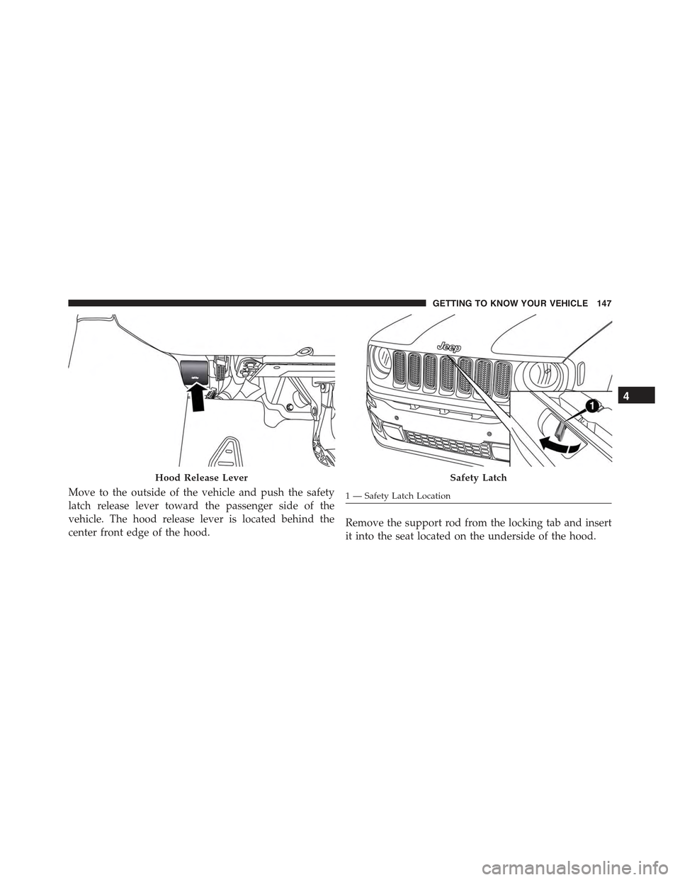 JEEP RENEGADE 2015 1.G Owners Manual Move to the outside of the vehicle and push the safety
latch release lever toward the passenger side of the
vehicle. The hood release lever is located behind the
center front edge of the hood.Remove t
