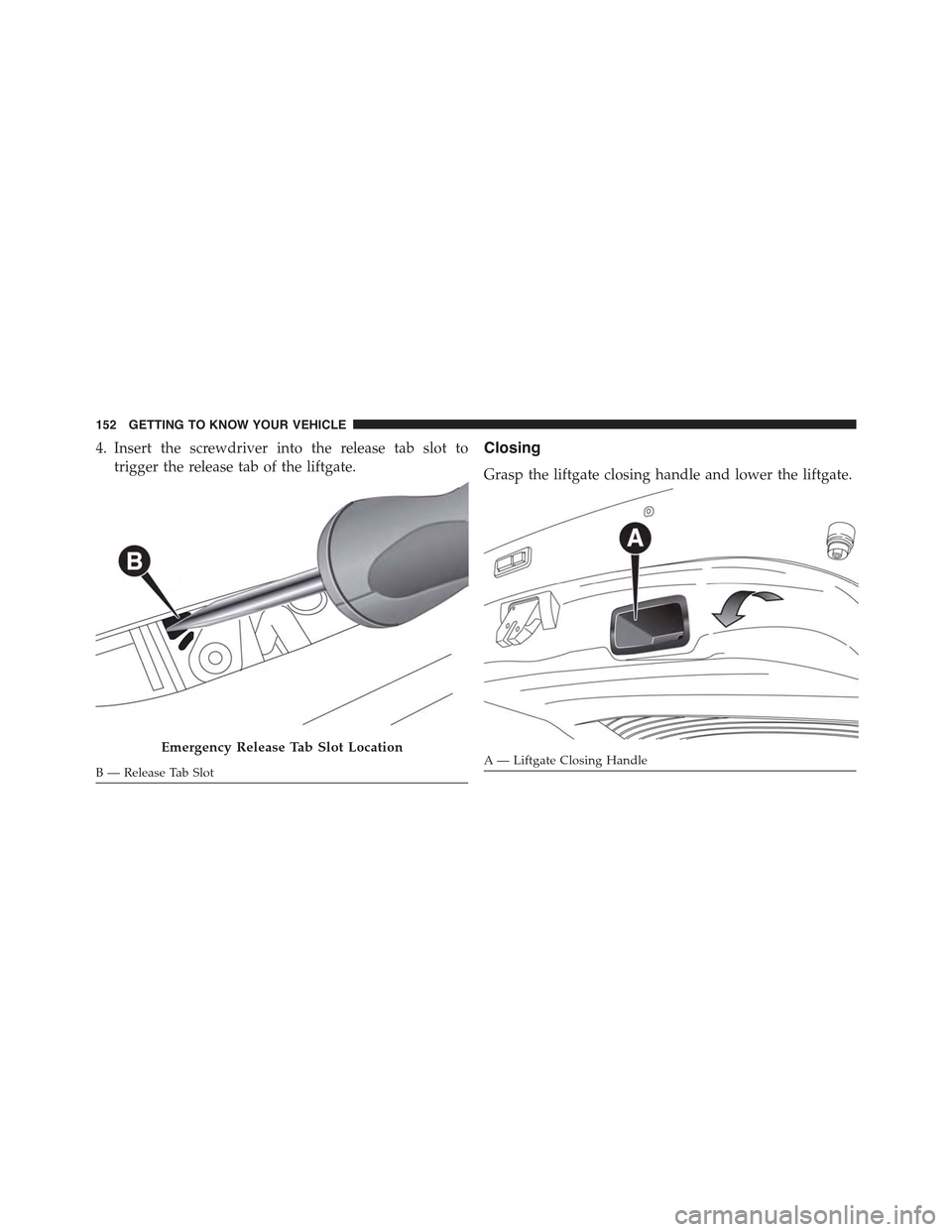JEEP RENEGADE 2015 1.G Owners Manual 4. Insert the screwdriver into the release tab slot to
trigger the release tab of the liftgate.
Closing
Grasp the liftgate closing handle and lower the liftgate.
Emergency Release Tab Slot Location
B 