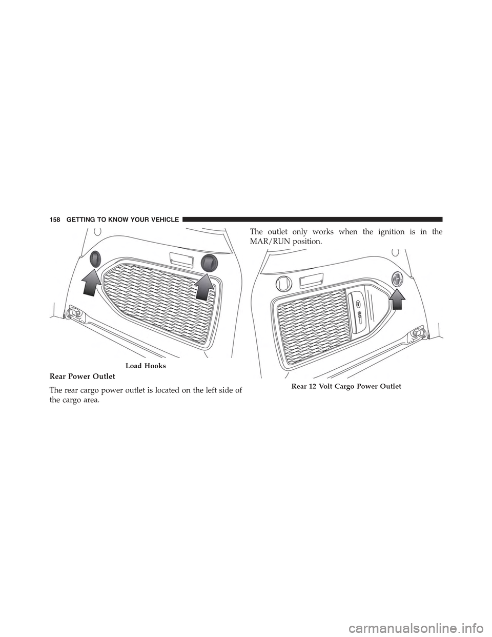 JEEP RENEGADE 2015 1.G Owners Manual Rear Power Outlet
The rear cargo power outlet is located on the left side of
the cargo area.
The outlet only works when the ignition is in the
MAR/RUN position.
Load Hooks
Rear 12 Volt Cargo Power Out