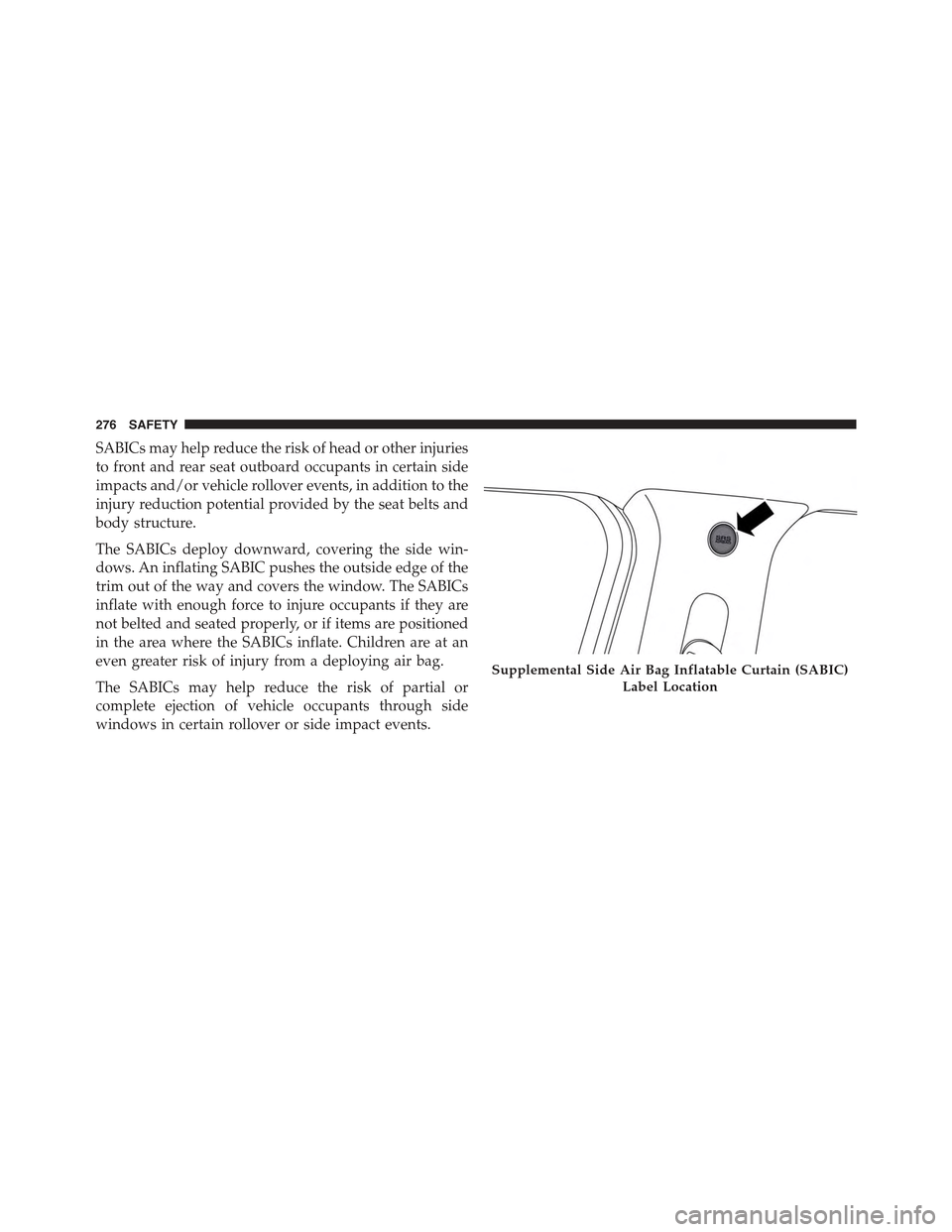 JEEP RENEGADE 2015 1.G Owners Manual SABICs may help reduce the risk of head or other injuries
to front and rear seat outboard occupants in certain side
impacts and/or vehicle rollover events, in addition to the
injury reduction potentia JEEP RENEGADE 2015 1.G Owners Manual SABICs may help reduce the risk of head or other injuries
to front and rear seat outboard occupants in certain side
impacts and/or vehicle rollover events, in addition to the
injury reduction potentia