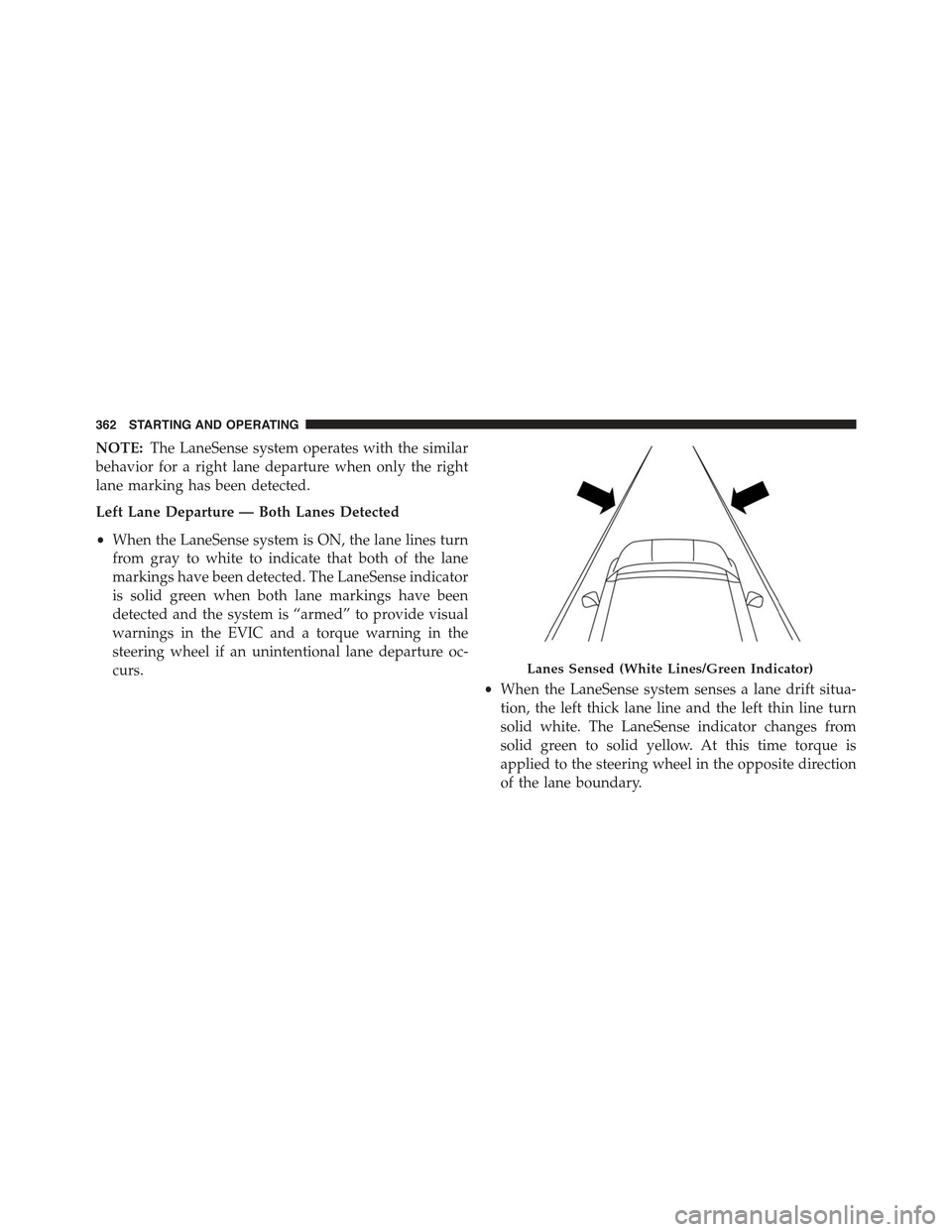 JEEP RENEGADE 2015 1.G Owners Manual NOTE:The LaneSense system operates with the similar
behavior for a right lane departure when only the right
lane marking has been detected.
Left Lane Departure — Both Lanes Detected
•When the Lane JEEP RENEGADE 2015 1.G Owners Manual NOTE:The LaneSense system operates with the similar
behavior for a right lane departure when only the right
lane marking has been detected.
Left Lane Departure — Both Lanes Detected
•When the Lane