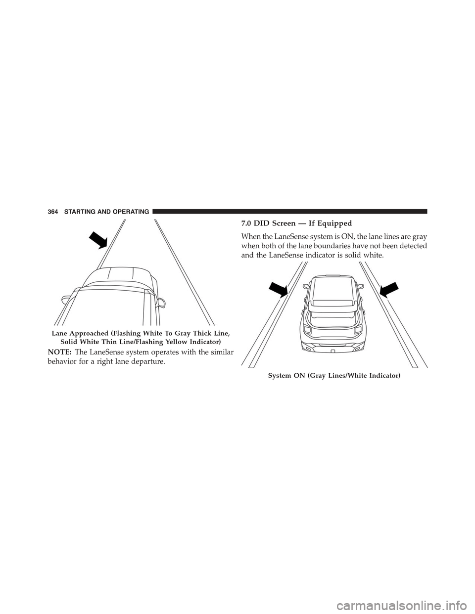 JEEP RENEGADE 2015 1.G Owners Manual NOTE:The LaneSense system operates with the similar
behavior for a right lane departure.
7.0 DID Screen — If Equipped
When the LaneSense system is ON, the lane lines are gray
when both of the lane b JEEP RENEGADE 2015 1.G Owners Manual NOTE:The LaneSense system operates with the similar
behavior for a right lane departure.
7.0 DID Screen — If Equipped
When the LaneSense system is ON, the lane lines are gray
when both of the lane b