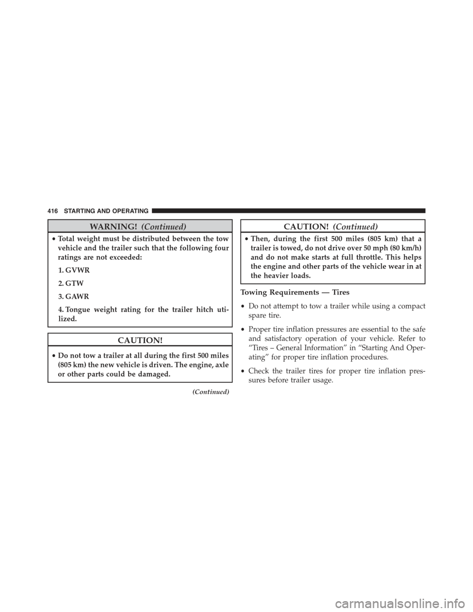JEEP RENEGADE 2015 1.G User Guide WARNING!(Continued)
•Total weight must be distributed between the tow
vehicle and the trailer such that the following four
ratings are not exceeded:
1. GVWR
2. GTW
3. GAWR
4. Tongue weight rating fo JEEP RENEGADE 2015 1.G User Guide WARNING!(Continued)
•Total weight must be distributed between the tow
vehicle and the trailer such that the following four
ratings are not exceeded:
1. GVWR
2. GTW
3. GAWR
4. Tongue weight rating fo