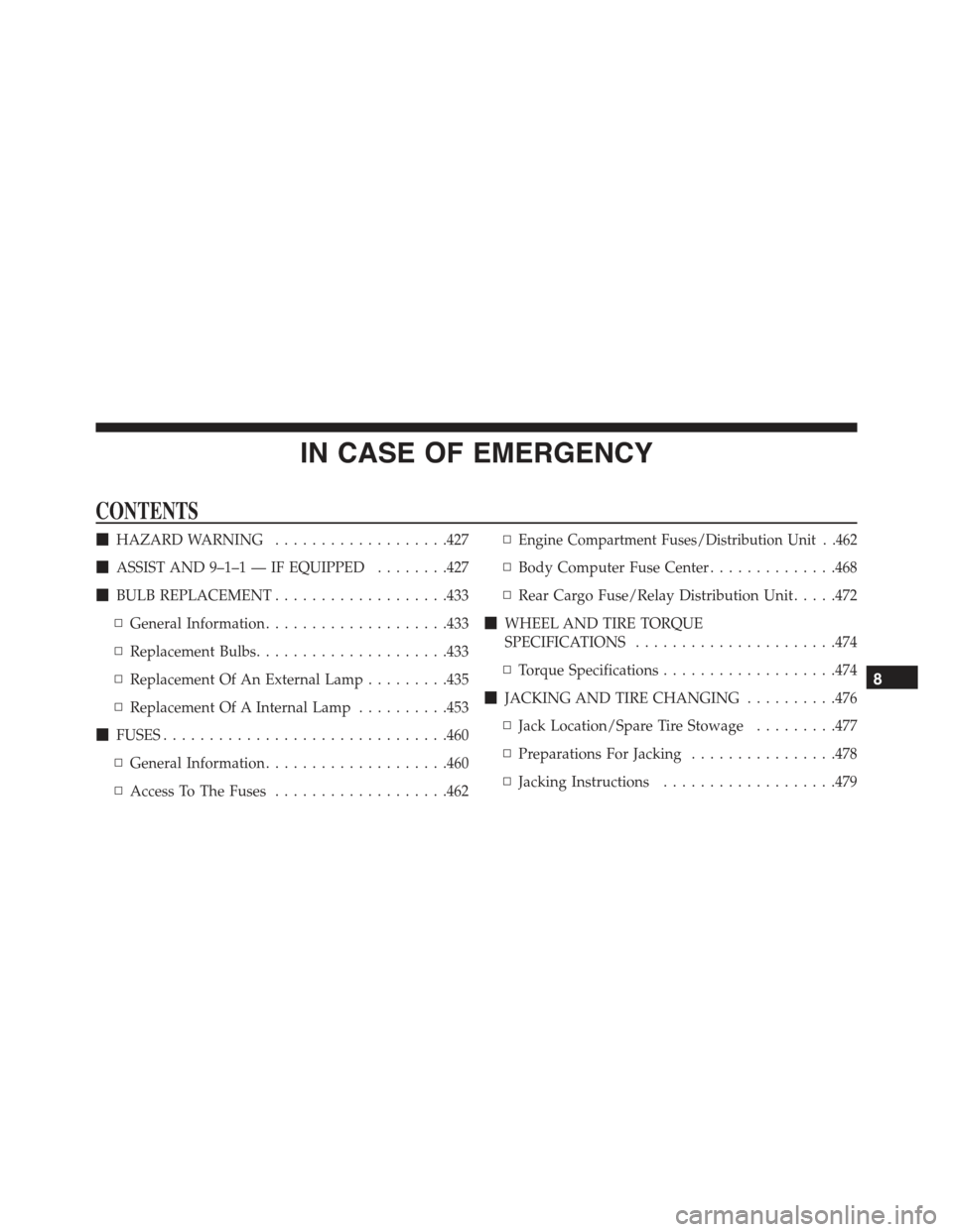 JEEP RENEGADE 2015 1.G Owners Manual IN CASE OF EMERGENCY
CONTENTS
!HAZARD WARNING...................427
!ASSIST AND 9–1–1 — IF EQUIPPED........427
!BULB REPLACEMENT...................433
▫General Information....................4 JEEP RENEGADE 2015 1.G Owners Manual IN CASE OF EMERGENCY
CONTENTS
!HAZARD WARNING...................427
!ASSIST AND 9–1–1 — IF EQUIPPED........427
!BULB REPLACEMENT...................433
▫General Information....................4