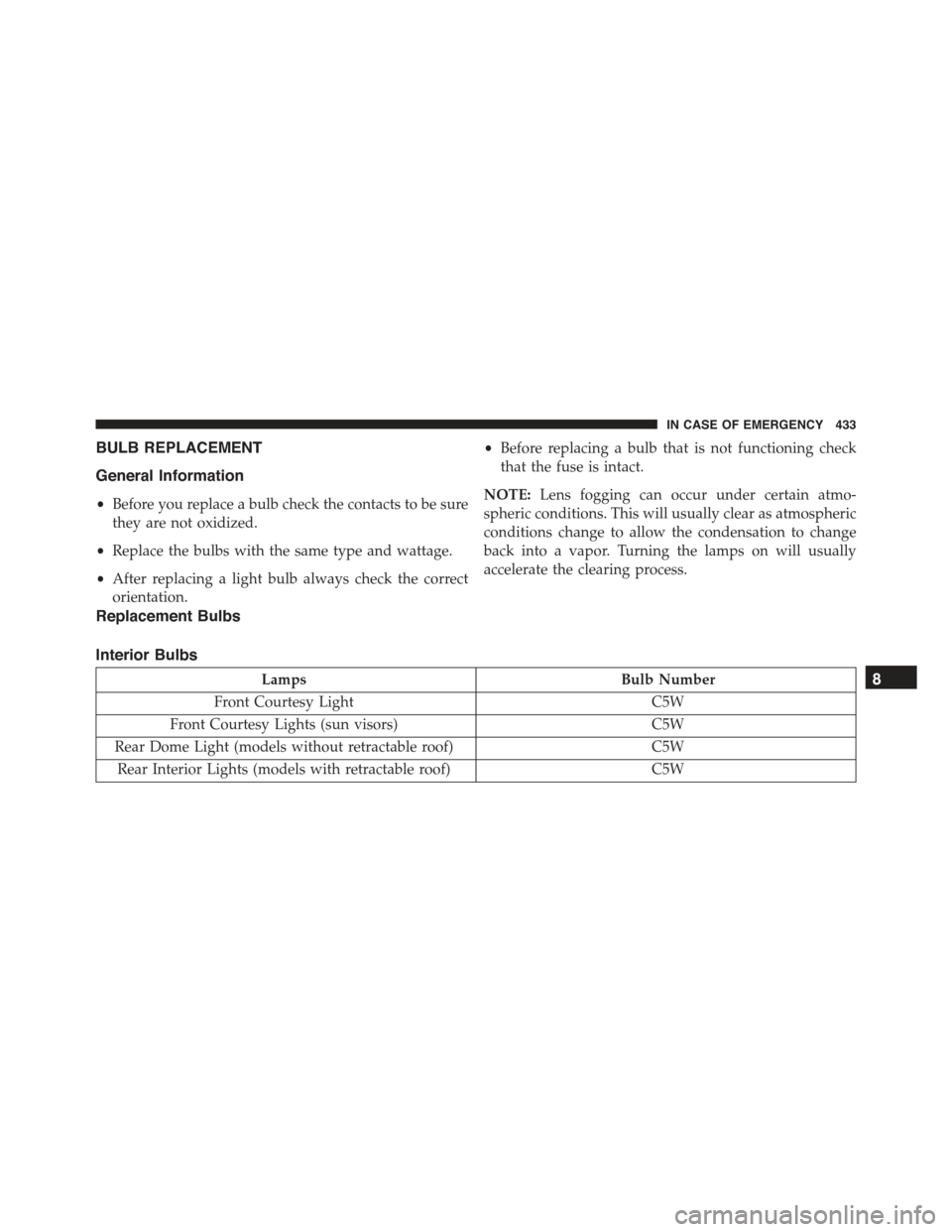 JEEP RENEGADE 2015 1.G Owners Manual BULB REPLACEMENT
General Information
•Before you replace a bulb check the contacts to be sure
they are not oxidized.
•Replace the bulbs with the same type and wattage.
•After replacing a light b