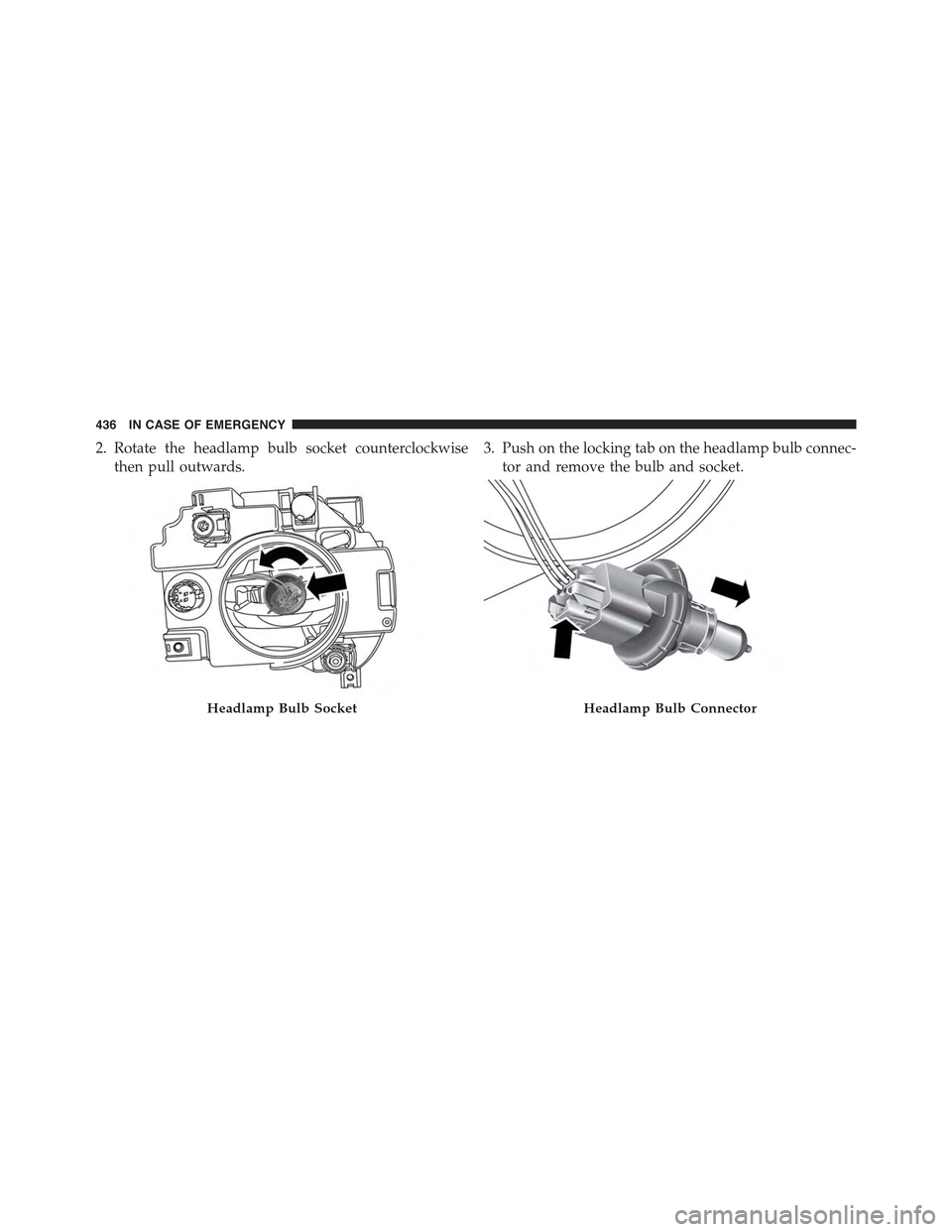 JEEP RENEGADE 2015 1.G Owners Manual 2. Rotate the headlamp bulb socket counterclockwise
then pull outwards.
3. Push on the locking tab on the headlamp bulb connec-
tor and remove the bulb and socket.
Headlamp Bulb SocketHeadlamp Bulb Co JEEP RENEGADE 2015 1.G Owners Manual 2. Rotate the headlamp bulb socket counterclockwise
then pull outwards.
3. Push on the locking tab on the headlamp bulb connec-
tor and remove the bulb and socket.
Headlamp Bulb SocketHeadlamp Bulb Co