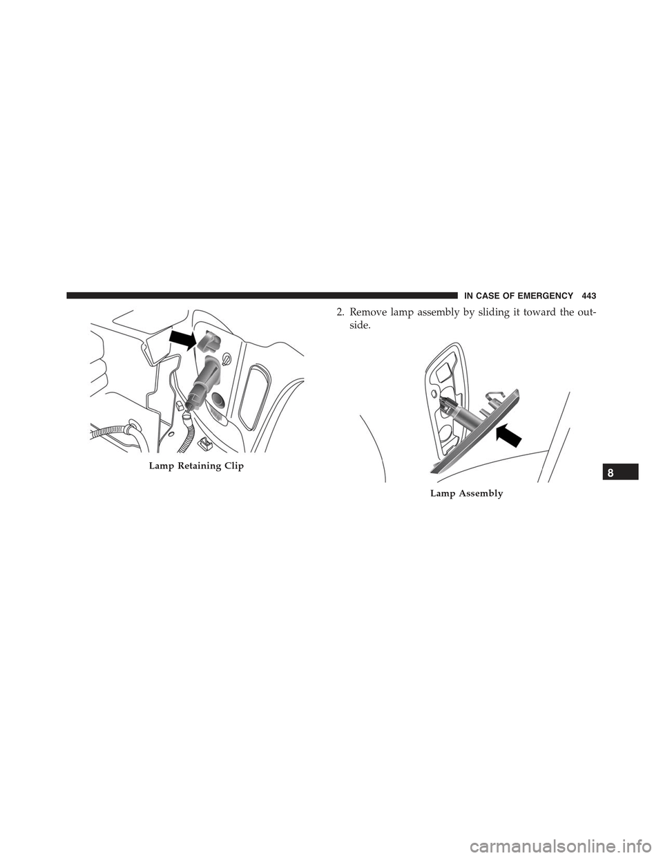 JEEP RENEGADE 2015 1.G Owners Manual 2. Remove lamp assembly by sliding it toward the out-
side.
Lamp Retaining Clip
Lamp Assembly
8
IN CASE OF EMERGENCY 443 