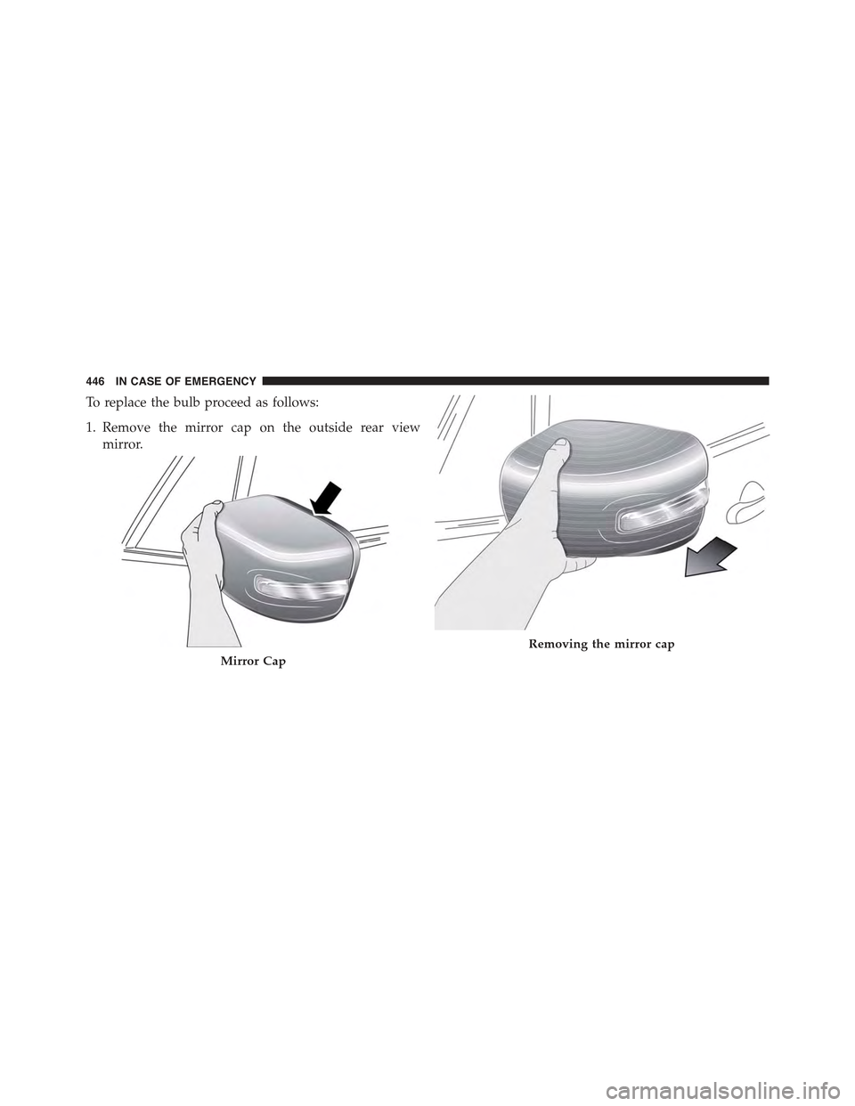 JEEP RENEGADE 2015 1.G Owners Manual To replace the bulb proceed as follows:
1. Remove the mirror cap on the outside rear view
mirror.
Mirror Cap
Removing the mirror cap
446 IN CASE OF EMERGENCY 