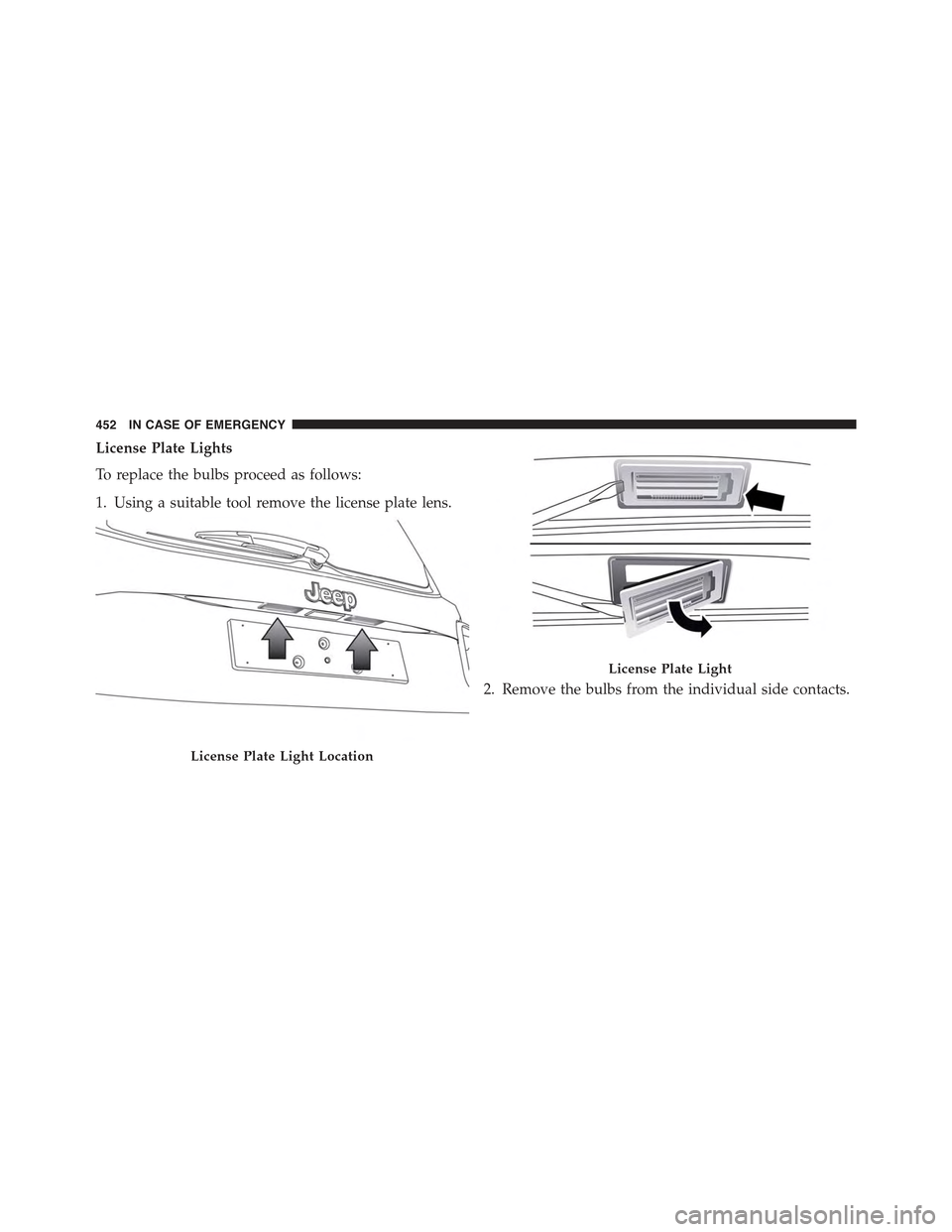 JEEP RENEGADE 2015 1.G Owners Manual License Plate Lights
To replace the bulbs proceed as follows:
1. Using a suitable tool remove the license plate lens.
2. Remove the bulbs from the individual side contacts.
License Plate Light Locatio