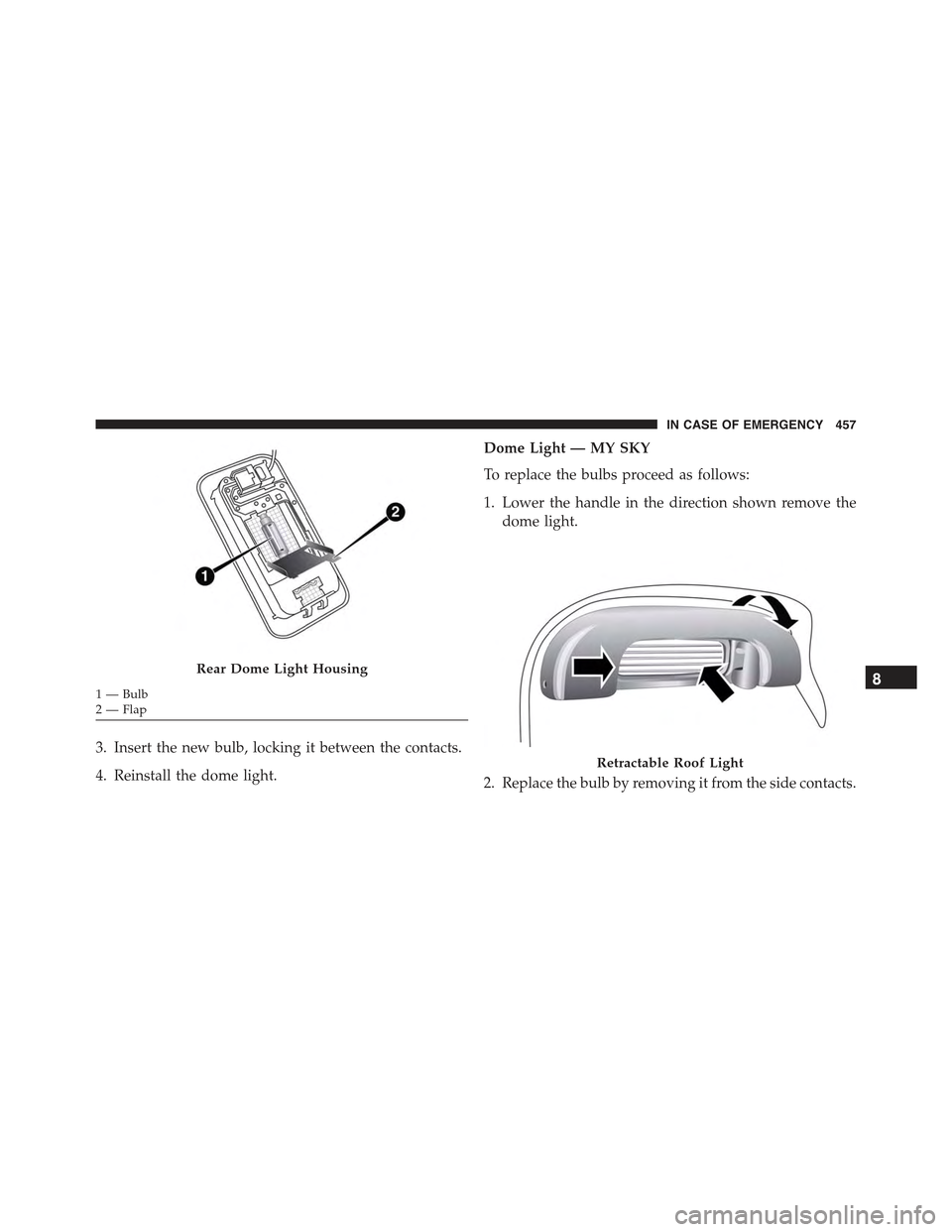 JEEP RENEGADE 2015 1.G Owners Manual 3. Insert the new bulb, locking it between the contacts.
4. Reinstall the dome light.
Dome Light — MY SKY
To replace the bulbs proceed as follows:
1. Lower the handle in the direction shown remove t