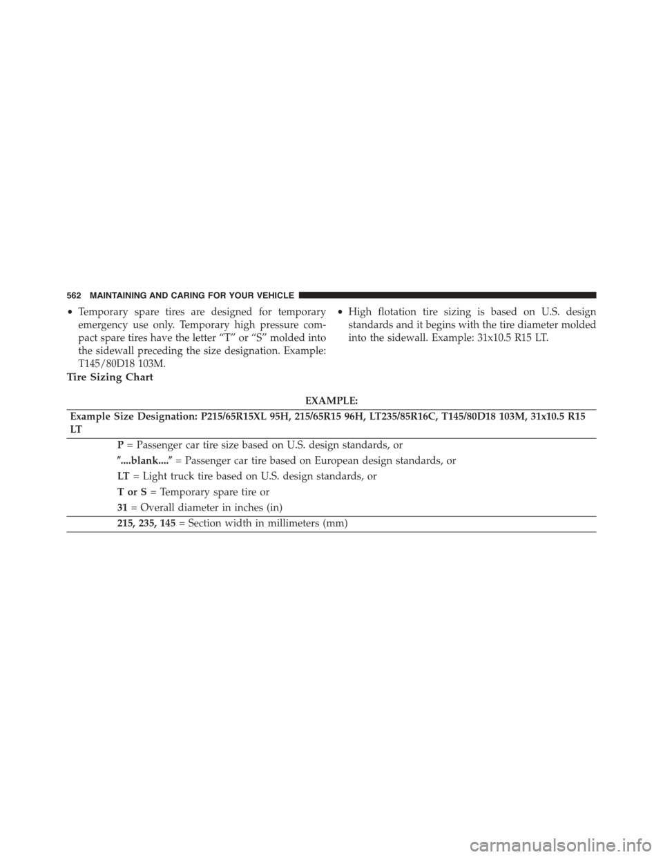 JEEP RENEGADE 2015 1.G Owners Manual •Temporary spare tires are designed for temporary
emergency use only. Temporary high pressure com-
pact spare tires have the letter “T” or “S” molded into
the sidewall preceding the size des