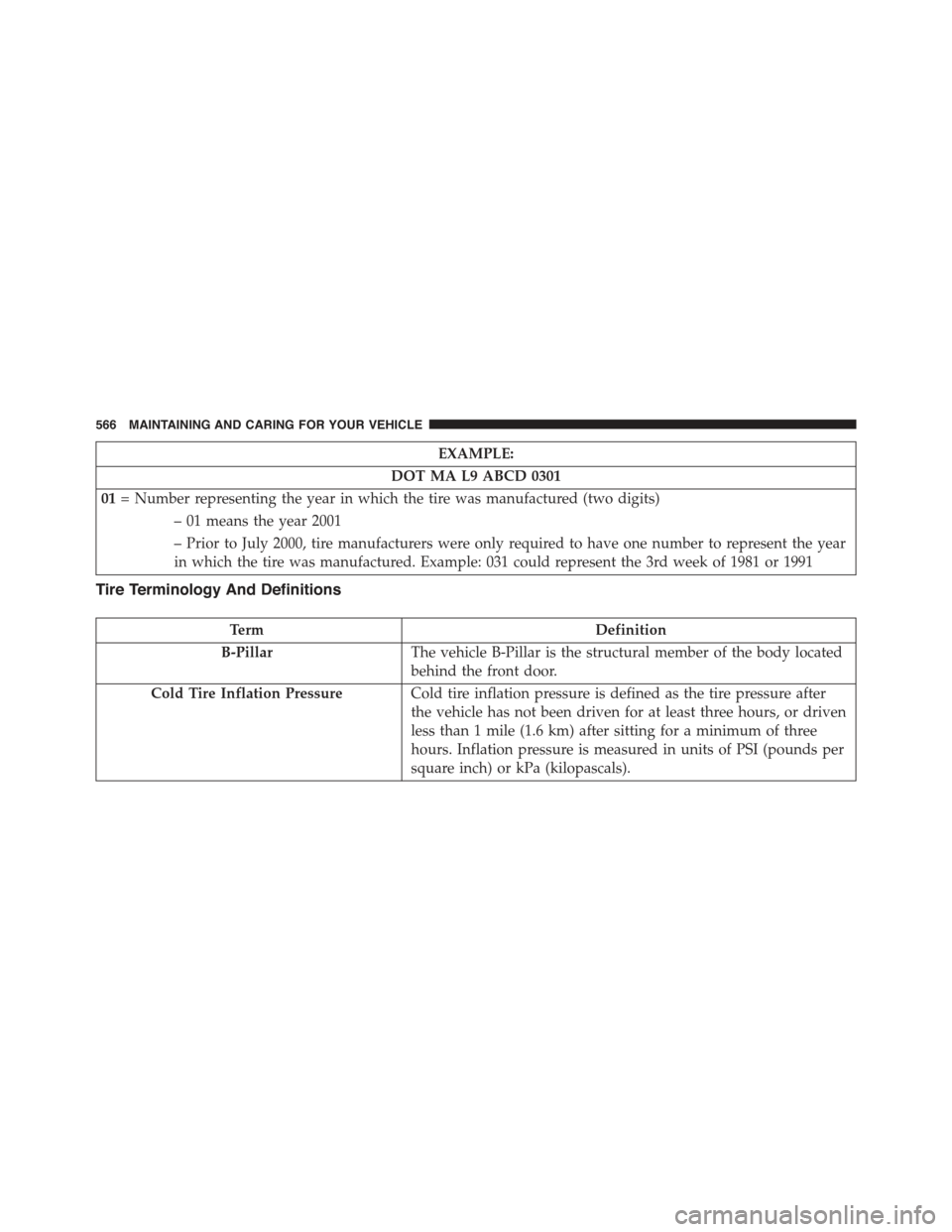 JEEP RENEGADE 2015 1.G Owners Manual EXAMPLE:
DOT MA L9 ABCD 0301
01= Number representing the year in which the tire was manufactured (two digits)
– 01 means the year 2001
– Prior to July 2000, tire manufacturers were only required t