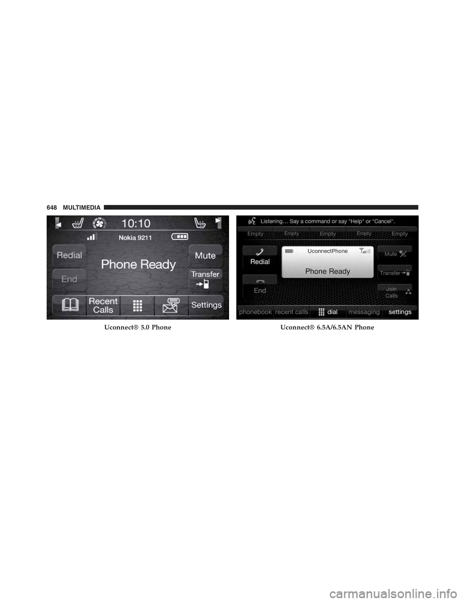 JEEP RENEGADE 2015 1.G Owners Manual Uconnect® 5.0 PhoneUconnect® 6.5A/6.5AN Phone
648 MULTIMEDIA 