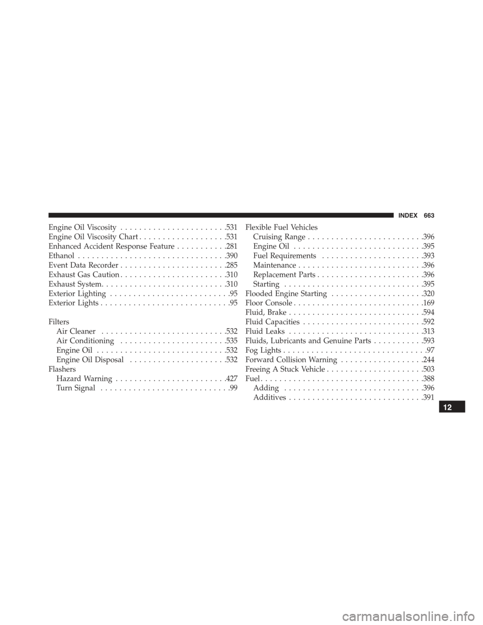 JEEP RENEGADE 2015 1.G Owners Manual Engine Oil Viscosity.......................531
Engine Oil Viscosity Chart...................531
Enhanced Accident Response Feature...........281
Ethanol................................390
Event Data R JEEP RENEGADE 2015 1.G Owners Manual Engine Oil Viscosity.......................531
Engine Oil Viscosity Chart...................531
Enhanced Accident Response Feature...........281
Ethanol................................390
Event Data R