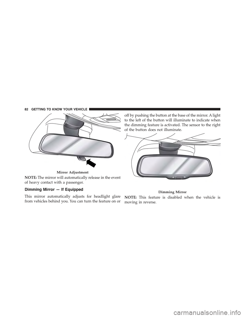 JEEP RENEGADE 2015 1.G Owners Manual NOTE:The mirror will automatically release in the event
of heavy contact with a passenger.
Dimming Mirror — If Equipped
This mirror automatically adjusts for headlight glare
from vehicles behind you JEEP RENEGADE 2015 1.G Owners Manual NOTE:The mirror will automatically release in the event
of heavy contact with a passenger.
Dimming Mirror — If Equipped
This mirror automatically adjusts for headlight glare
from vehicles behind you