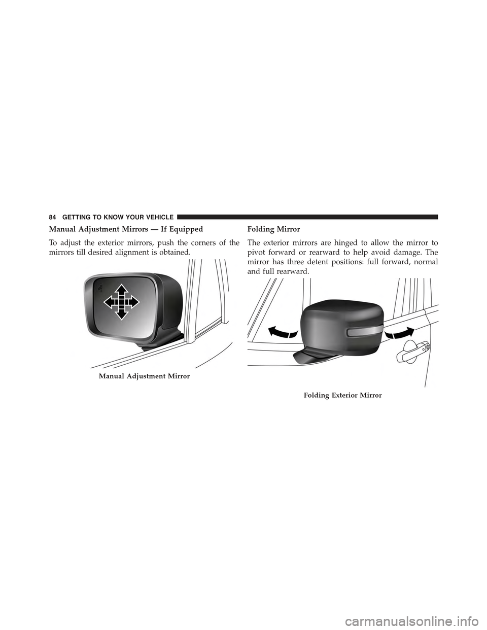 JEEP RENEGADE 2015 1.G Manual Online Manual Adjustment Mirrors — If Equipped
To adjust the exterior mirrors, push the corners of the
mirrors till desired alignment is obtained.
Folding Mirror
The exterior mirrors are hinged to allow th JEEP RENEGADE 2015 1.G Manual Online Manual Adjustment Mirrors — If Equipped
To adjust the exterior mirrors, push the corners of the
mirrors till desired alignment is obtained.
Folding Mirror
The exterior mirrors are hinged to allow th