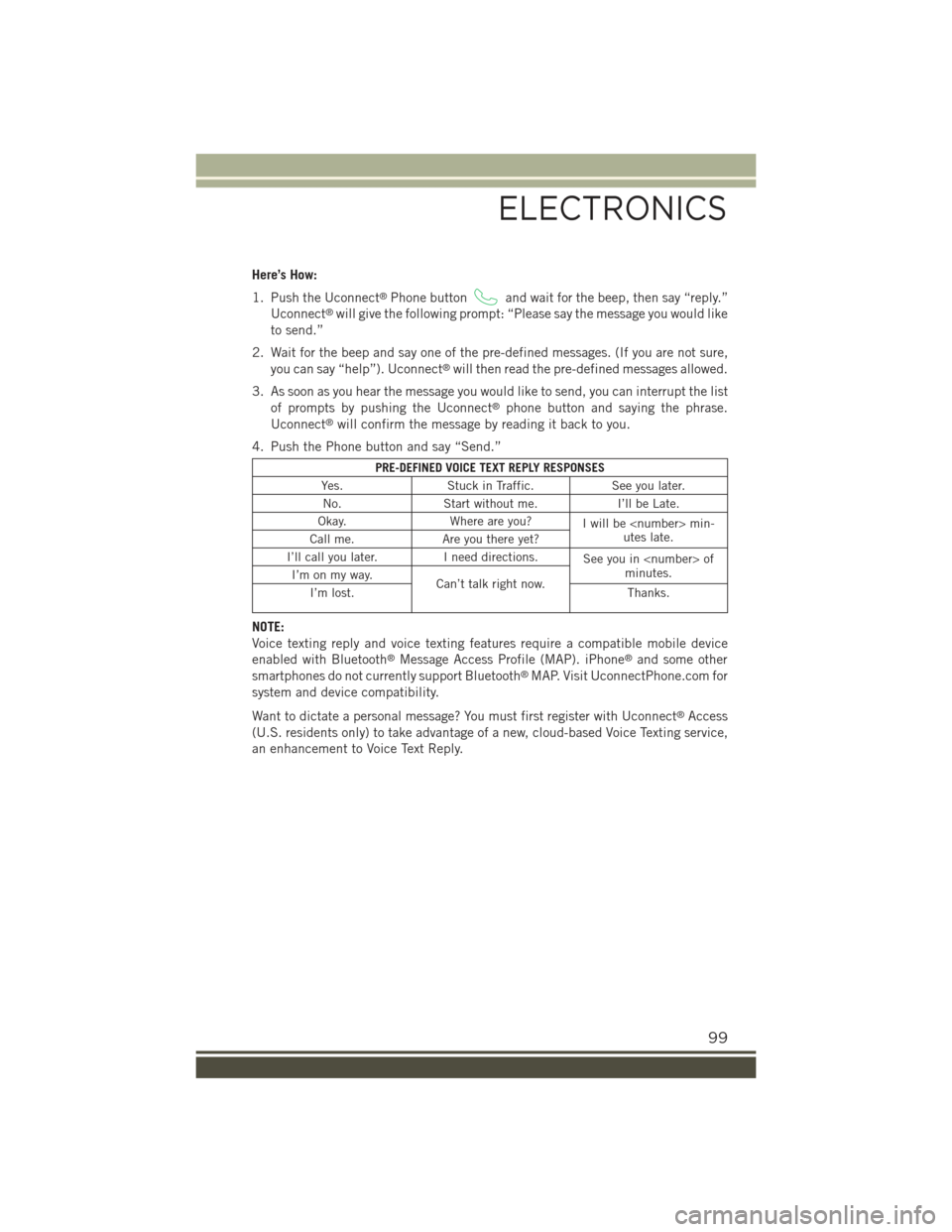 JEEP RENEGADE 2015 1.G User Guide Here’s How:
1. Push the Uconnect®Phone buttonand wait for the beep, then say “reply.”
Uconnect®will give the following prompt: “Please say the message you would like
to send.”
2. Wait for 