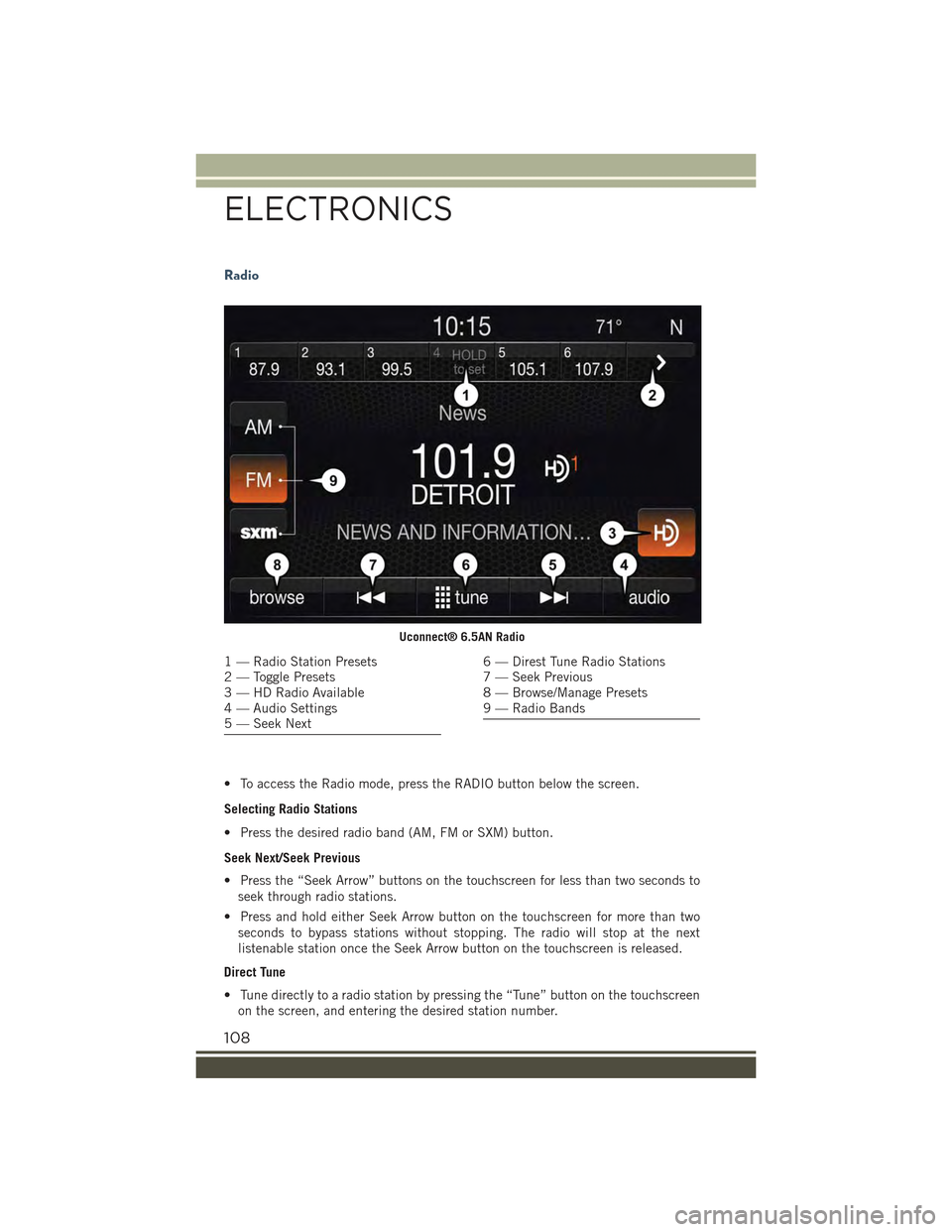 JEEP RENEGADE 2015 1.G User Guide Radio
• To access the Radio mode, press the RADIO button below the screen.
Selecting Radio Stations
• Press the desired radio band (AM, FM or SXM) button.
Seek Next/Seek Previous
• Press the “ JEEP RENEGADE 2015 1.G User Guide Radio
• To access the Radio mode, press the RADIO button below the screen.
Selecting Radio Stations
• Press the desired radio band (AM, FM or SXM) button.
Seek Next/Seek Previous
• Press the “