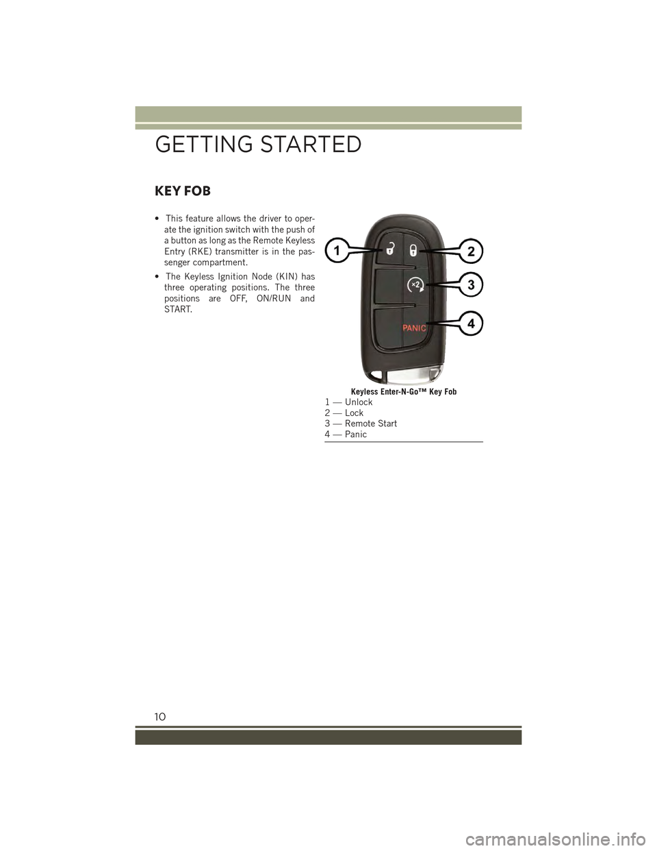 JEEP RENEGADE 2015 1.G Owners Manual KEY FOB
• This feature allows the driver to oper-
ate the ignition switch with the push of
a button as long as the Remote Keyless
Entry (RKE) transmitter is in the pas-
senger compartment.
• The K JEEP RENEGADE 2015 1.G Owners Manual KEY FOB
• This feature allows the driver to oper-
ate the ignition switch with the push of
a button as long as the Remote Keyless
Entry (RKE) transmitter is in the pas-
senger compartment.
• The K