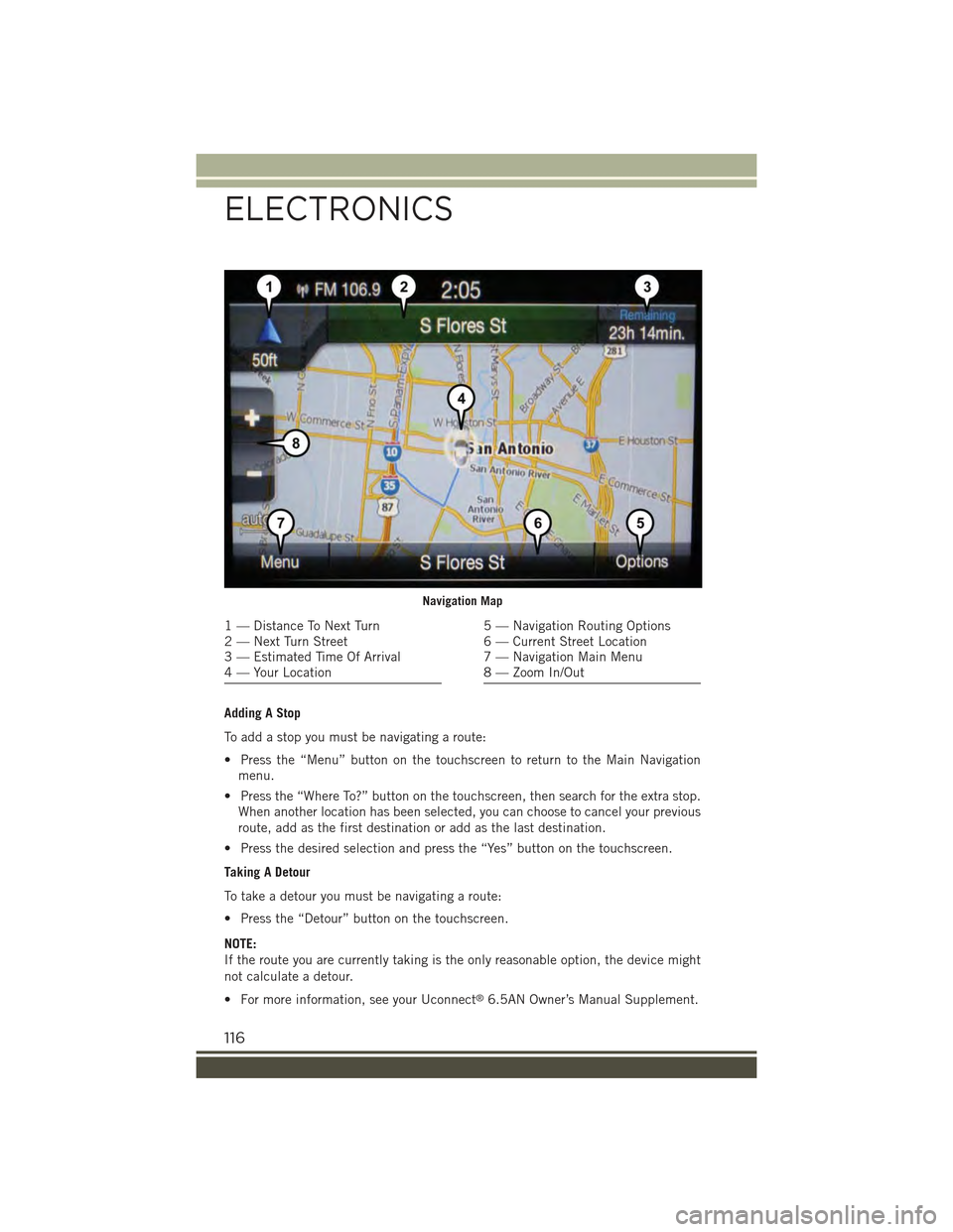 JEEP RENEGADE 2015 1.G User Guide Adding A Stop
To add a stop you must be navigating a route:
• Press the “Menu” button on the touchscreen to return to the Main Navigation
menu.
• Press the “Where To?” button on the touchs JEEP RENEGADE 2015 1.G User Guide Adding A Stop
To add a stop you must be navigating a route:
• Press the “Menu” button on the touchscreen to return to the Main Navigation
menu.
• Press the “Where To?” button on the touchs